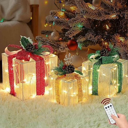 Miniatura 8 de Cajas de regalo iluminadas de Navidad con control remoto, juego de 3 cajas de regalo de tela con purpurina iluminada con 60 luces de cambio de color