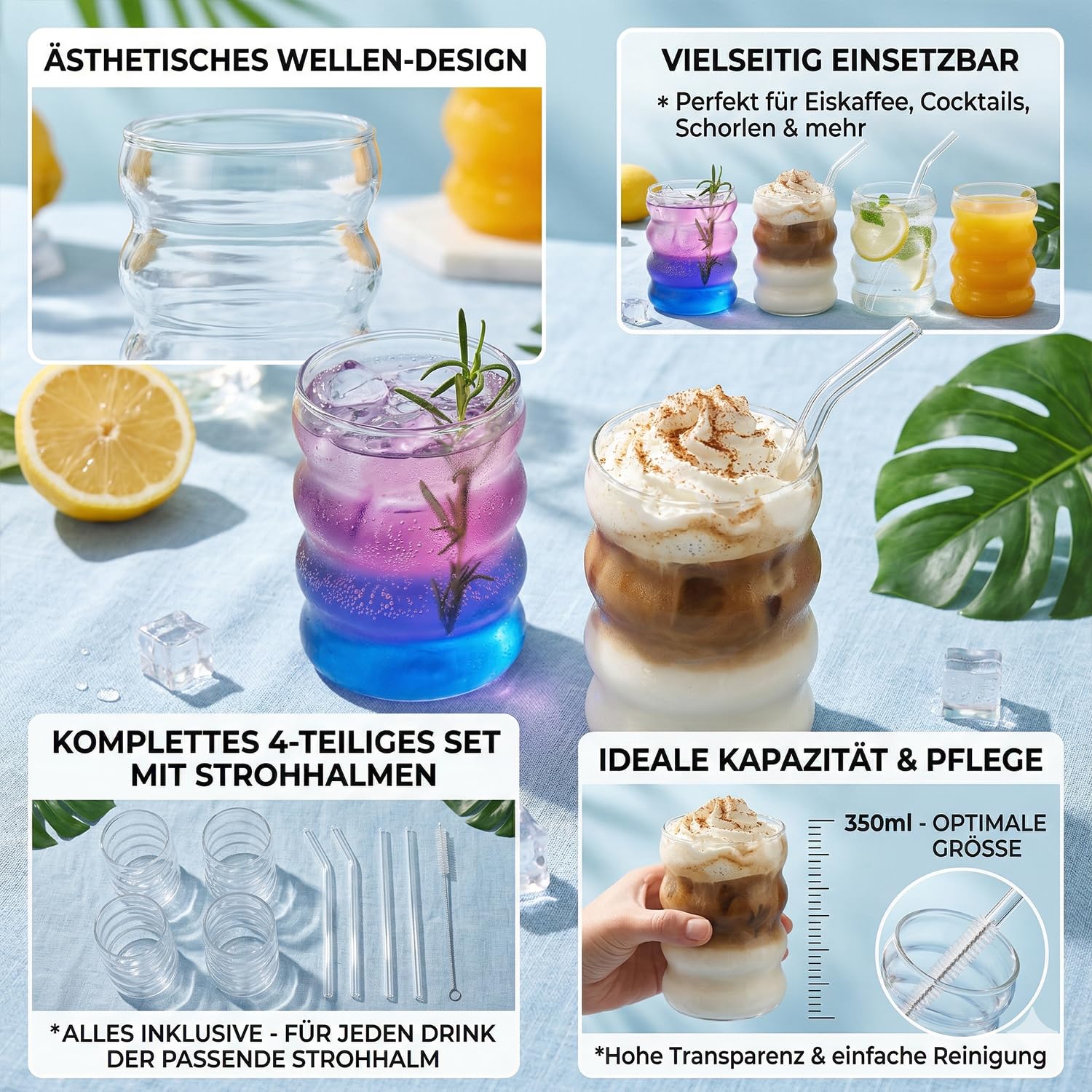 ALINK Set 2 Bicchieri In Vetro Borosilicato 600 Ml Con Coperchio In Bambù E Cannucce In Acciaio Inox – Rigati, Per Tè Freddo, Bubble Tea, Caffè - 3