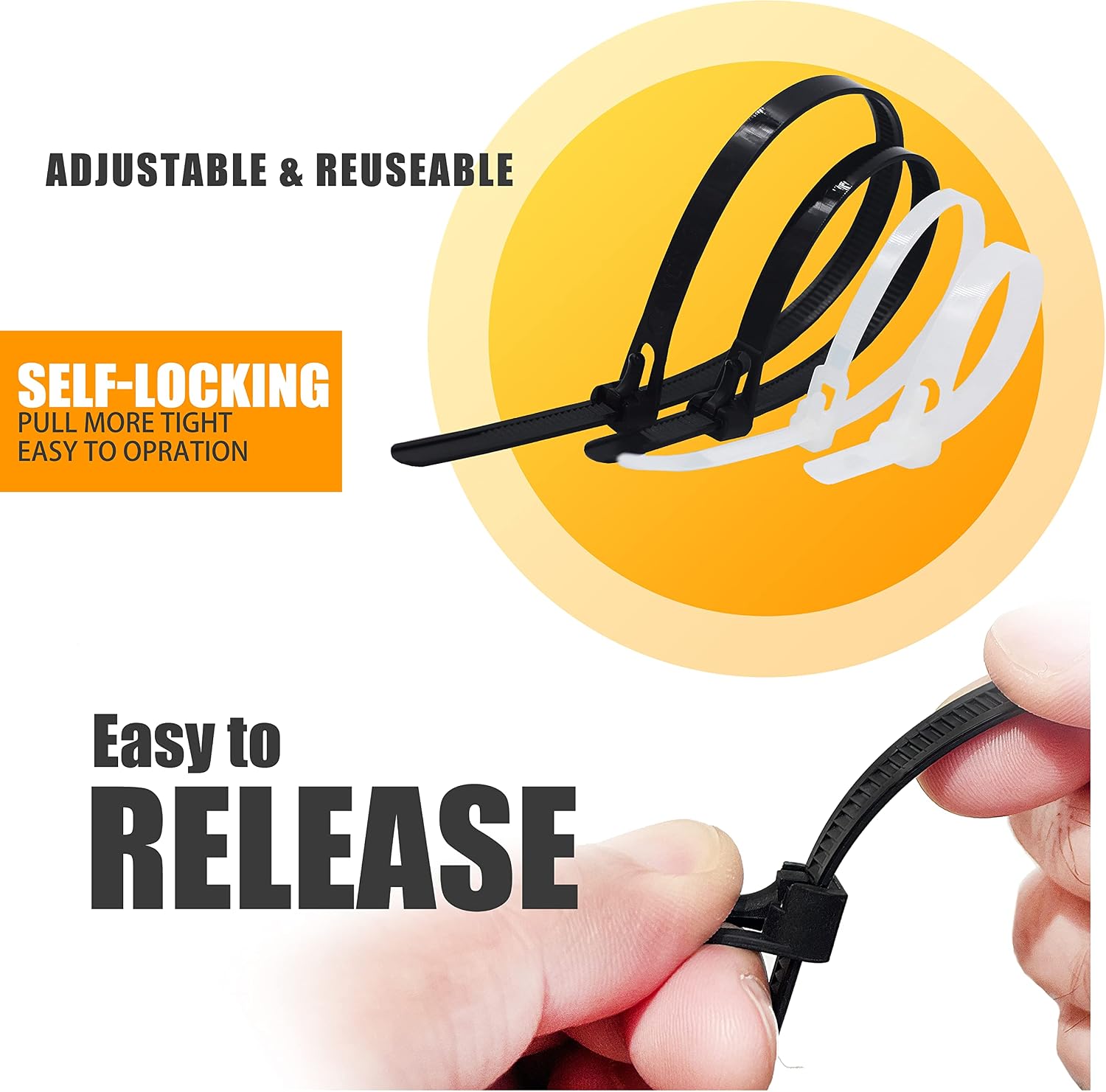 WISLIGHT Reusable Releasable Adjustable Nylon Cable Zip Ties 100 PACK 6+8(Small)+8+10 Inch Assorted Black & White, Self-Locking Plastic Wire Ties, 50 Lbs Tensile Strength, Electrical Cable Ties