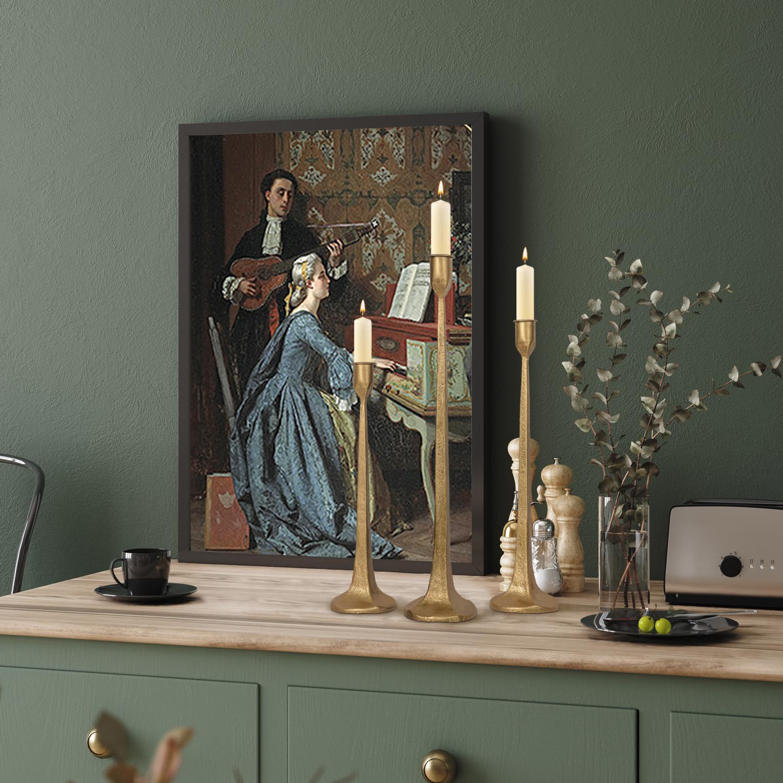 Set di 3 portacandele in ferro, alti e decorativi, per matrimoni, tavolo da pranzo, decorazioni per feste (ottone anticato)