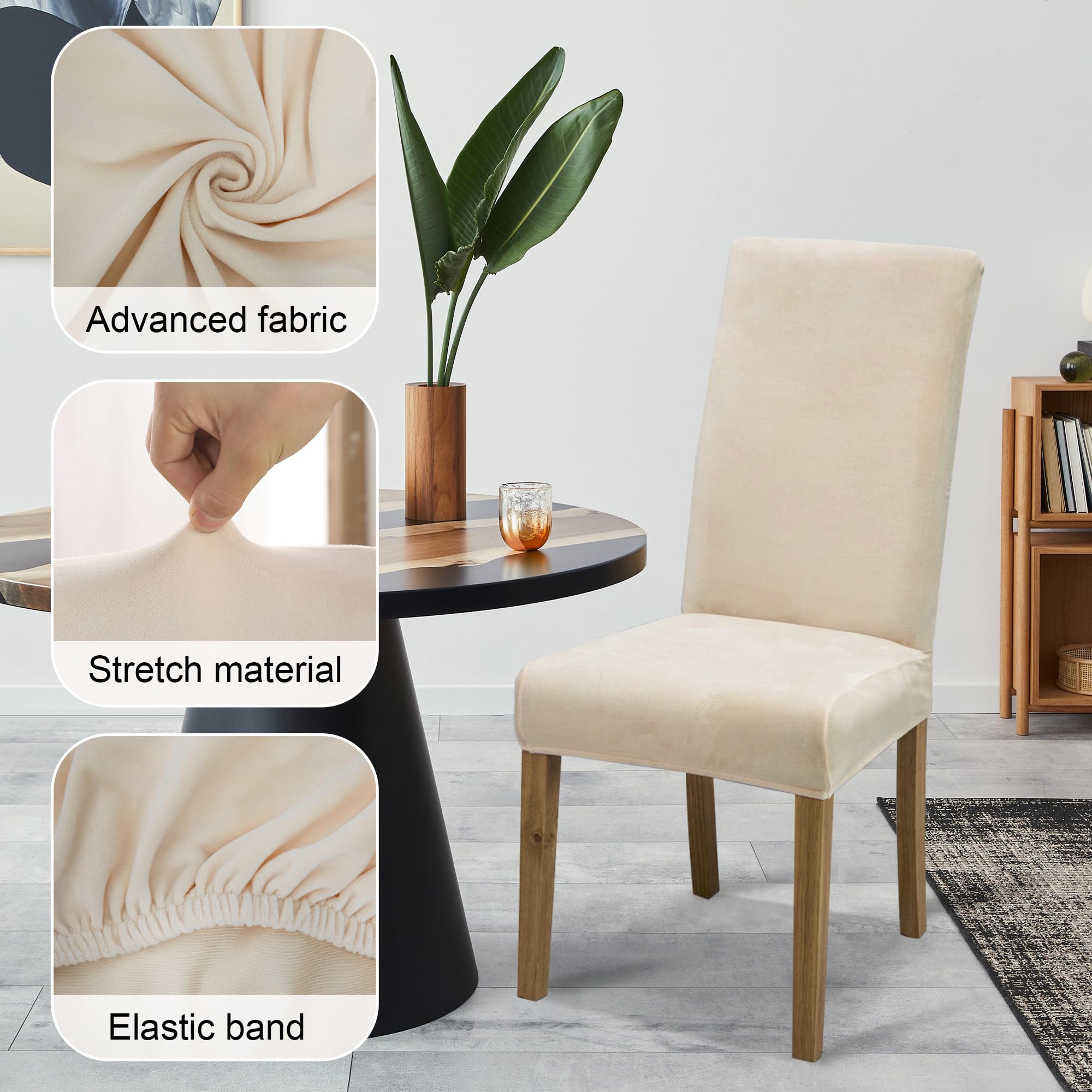 Velvet Dining Chair Covers,Dining Room Chair Covers Set of 4,Stretch Kitchen Chair Cover,Soft Washable Dining Chair Cover,Parsons Chair Slipcovers Protective,for Home,Restaurant,Banquet (cream)