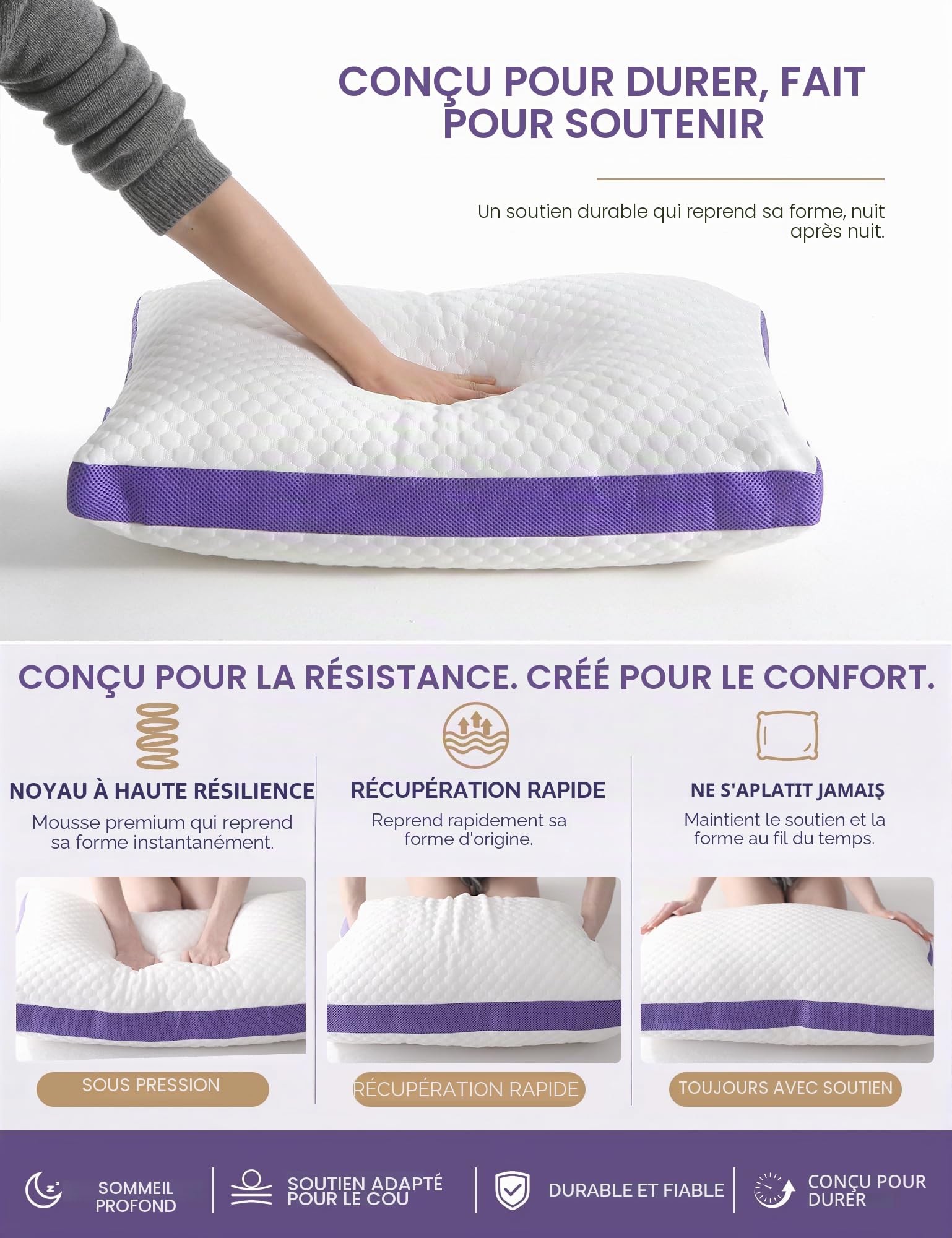 DWR Oreiller 50x75 cm (1er Set),Oreiller Ergonomique en Mousse à Mémoire de Forme, Coussin de Nuit Réglable avec Fermeture Éclair, Housse Amovible et Lavable
