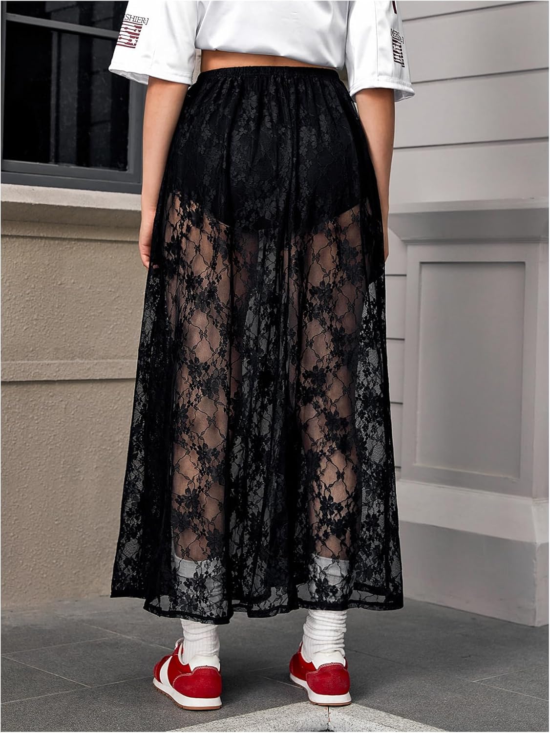 Verdusa Women's Goth See Through Lace Skirts Elastic High Waist Sheer A Line Long Skirt - Image 5