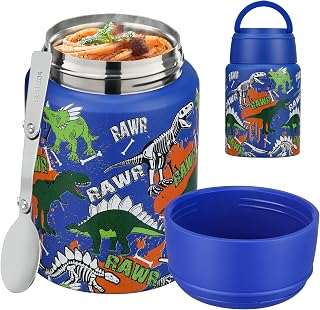 Soup Thermo for Hot Food Kids 16oz Insulated Food Jar Leakproof Thermo Lunch Container for Kids Wide-Mouth Stainless Steel Lunch Box for School with Handle Folding Spoon(3+)​