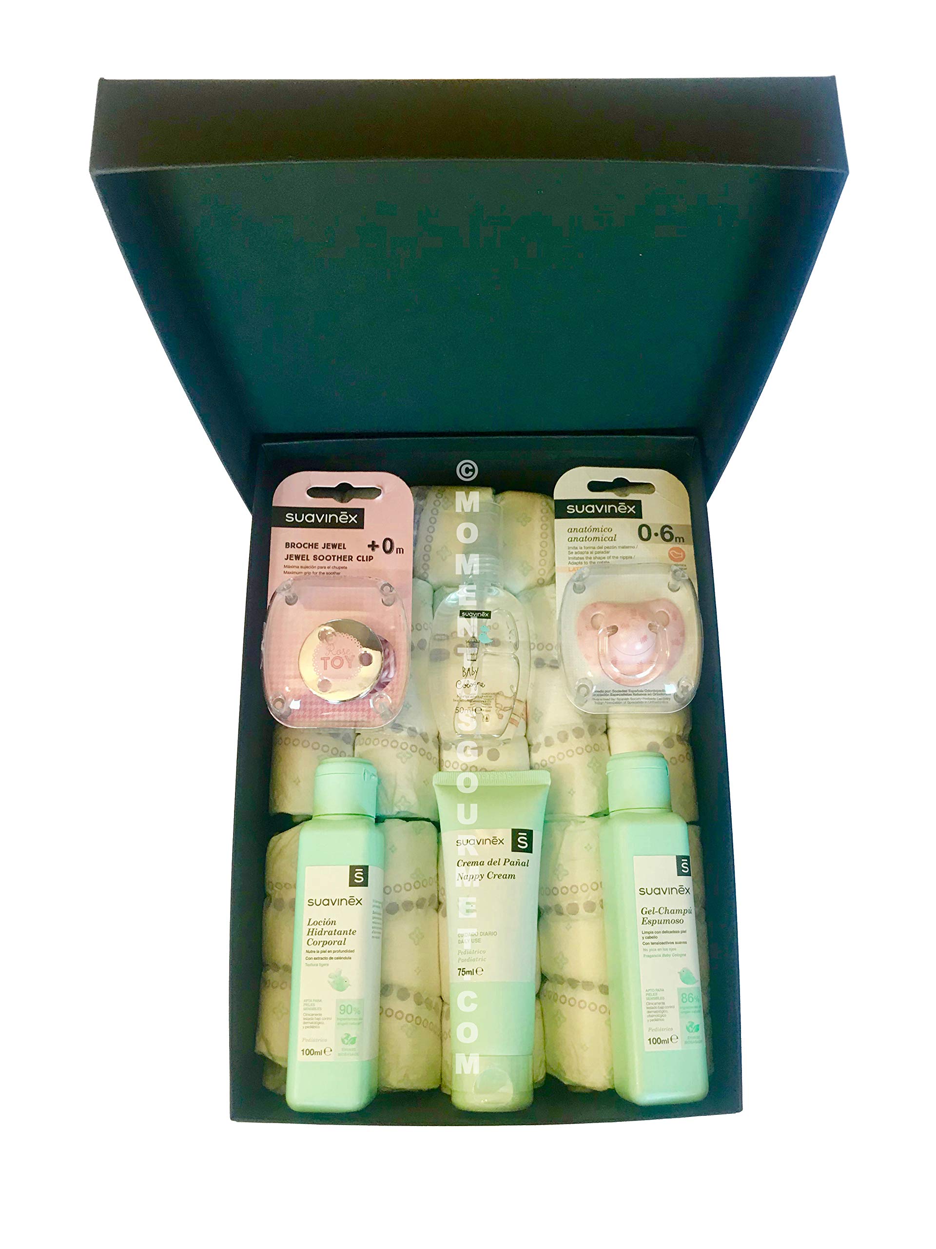 Cesta-Canastilla bebé con pañales y productos SUAVINEX Rosa (Talla 2 (3-6 kg)) MomentosGourmet