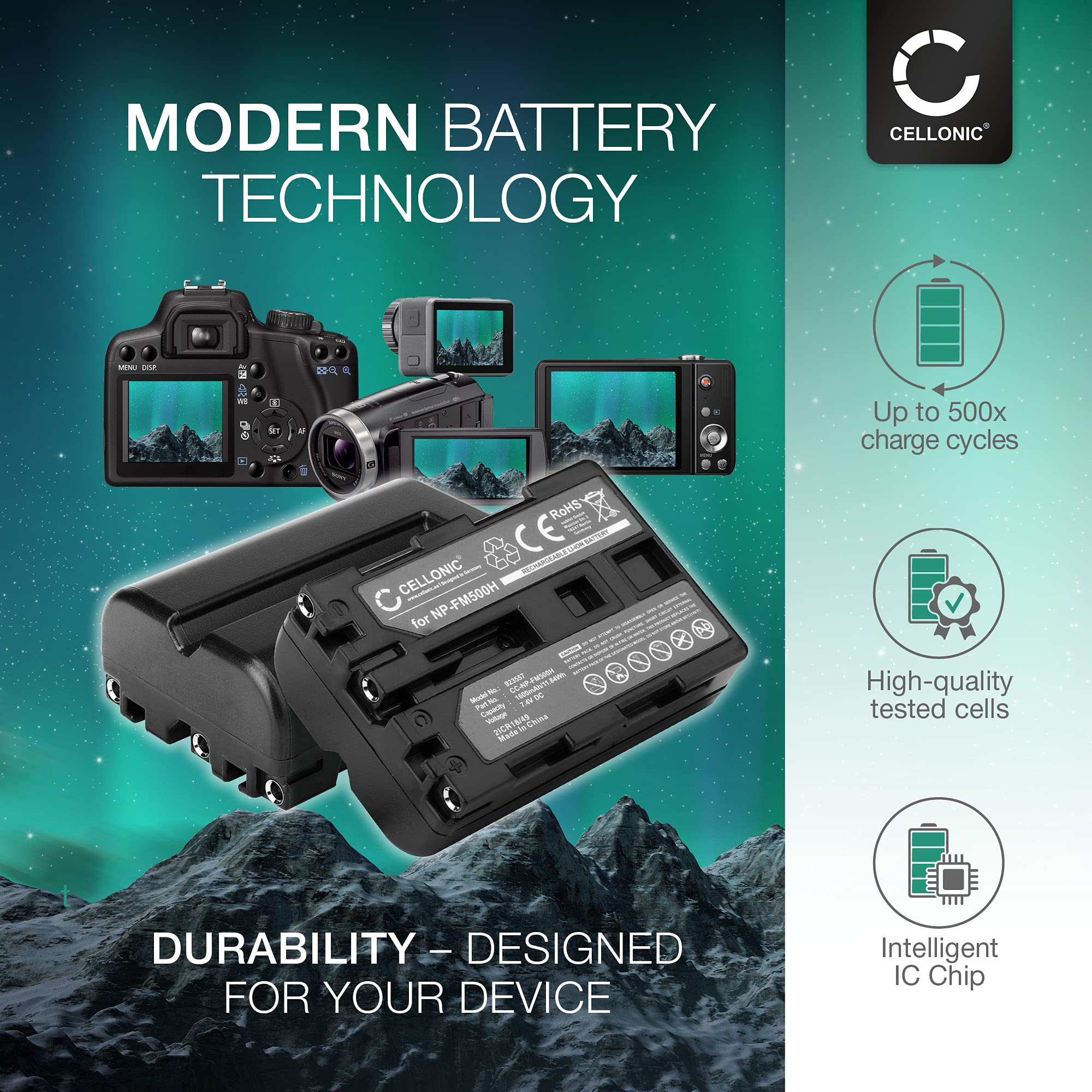 2x CELLONIC® Batterij Compatibel Met Sony A7 II A77 II A99 II Alpha A57 A58 A65 A68 A200 A300 A450 A500 A550 A580 A700 A850 A900 SLT-A58 DSLR-A350 ILCA-, NP-FM500H 1600mAh Vervangende - View #3