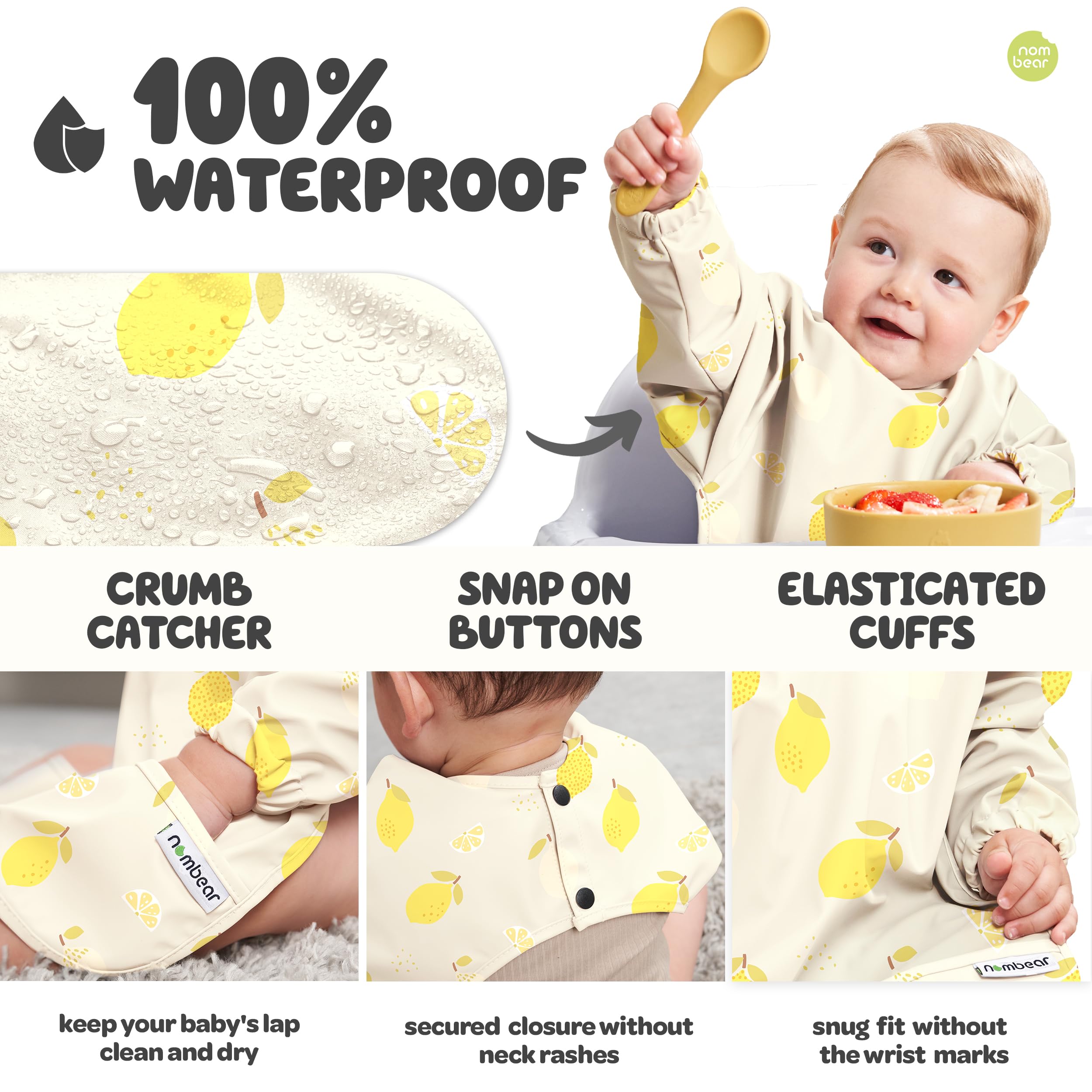 Nombear Baby Bibs with Sleeves for 6-24 Months, 1 Pack, Easy Wipe Clean, Machine Washable Baby Weaning Bib with Sleeves - Image 4