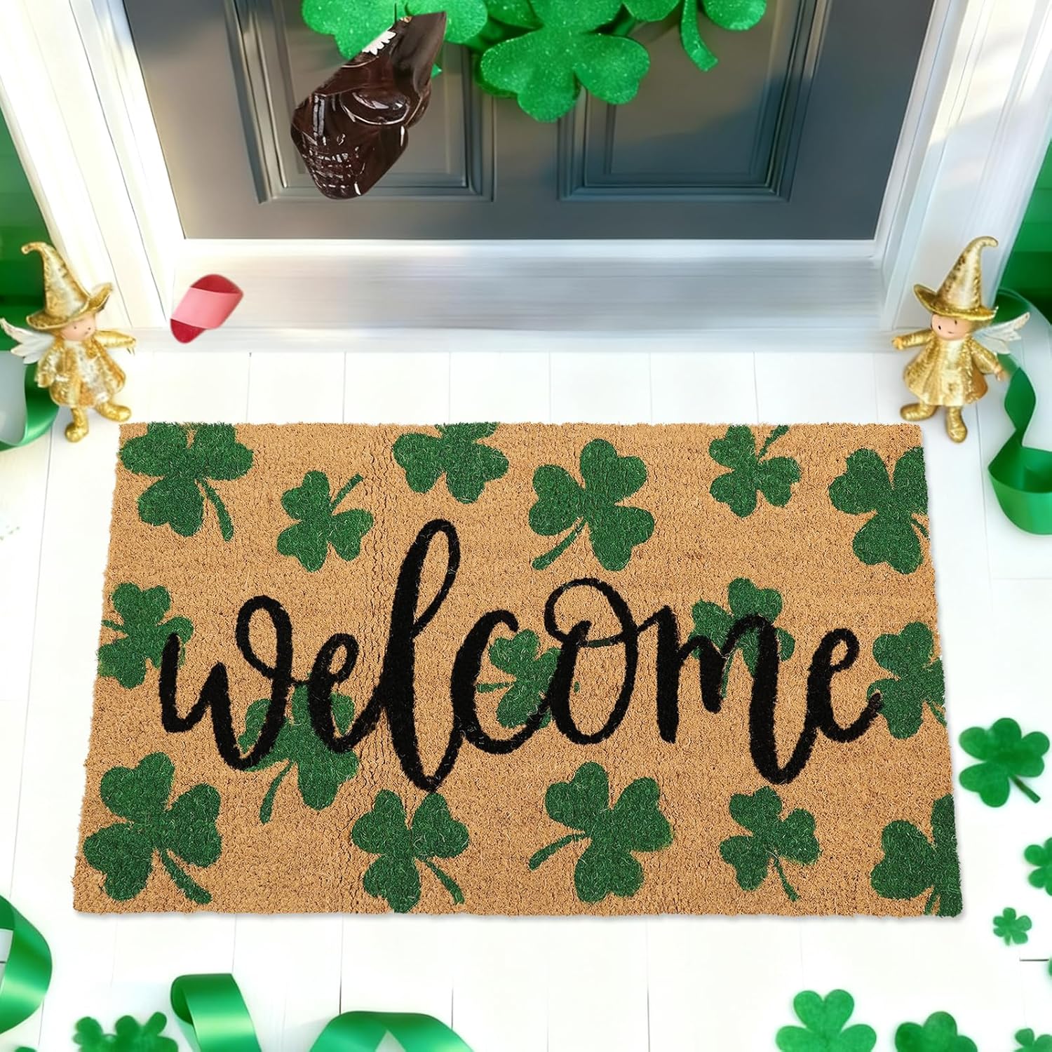 Whaline St. Patrick' s Day Doormat Natural Coir Welcome Floor Mat Green Shamrock Clover Rectangle Entrance Door Rug for Irish Indoor Outdoor Home Bathroom Decor, 16.5 x 29 Inch