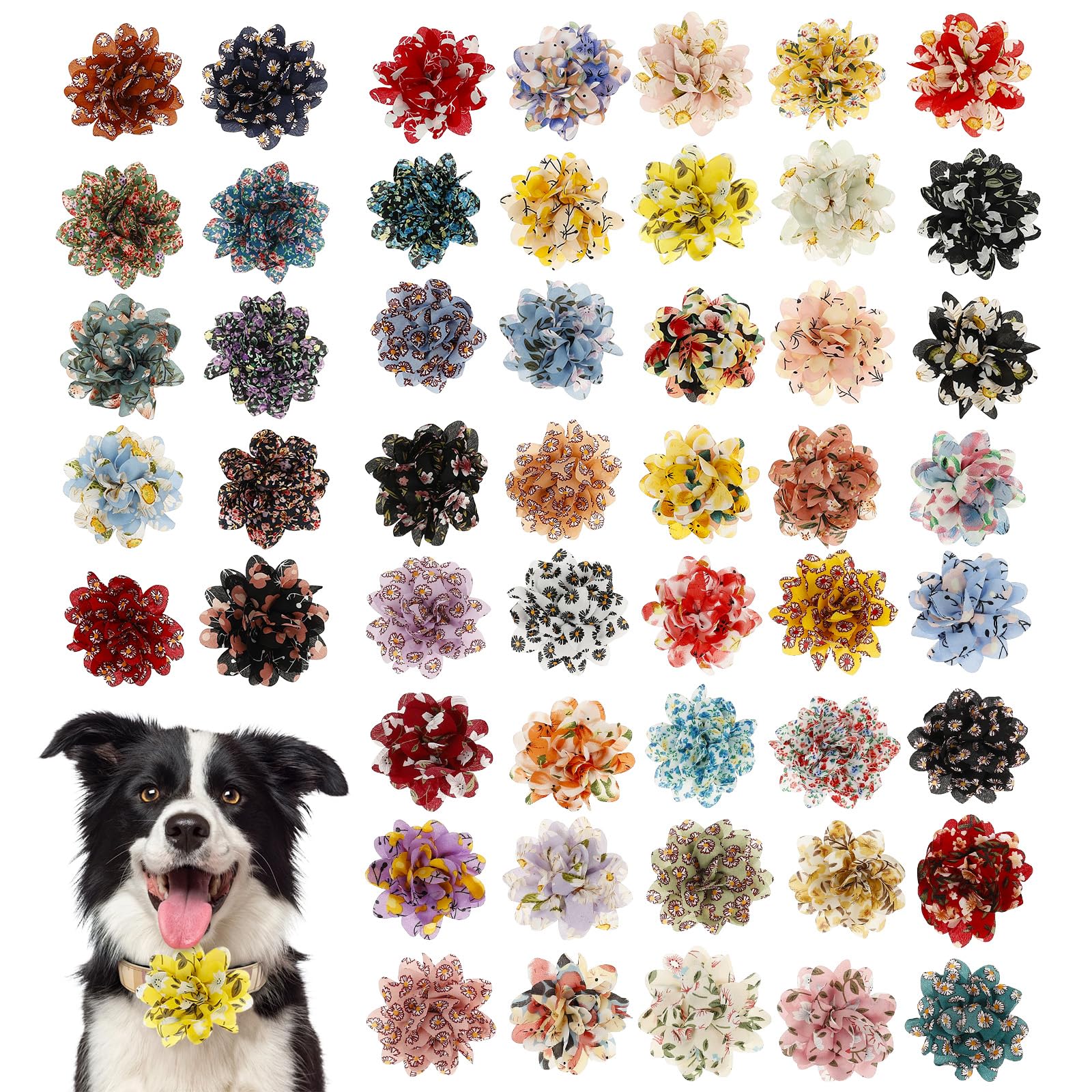 Jokapy 50 Pcs Dog Flower Collar Soft and Comfortable Hawaiian Flower Dog Collar Accessory Dogs Bow Tie Charm Flexible Pet Grooming Accessories for Cat Puppy Kitten