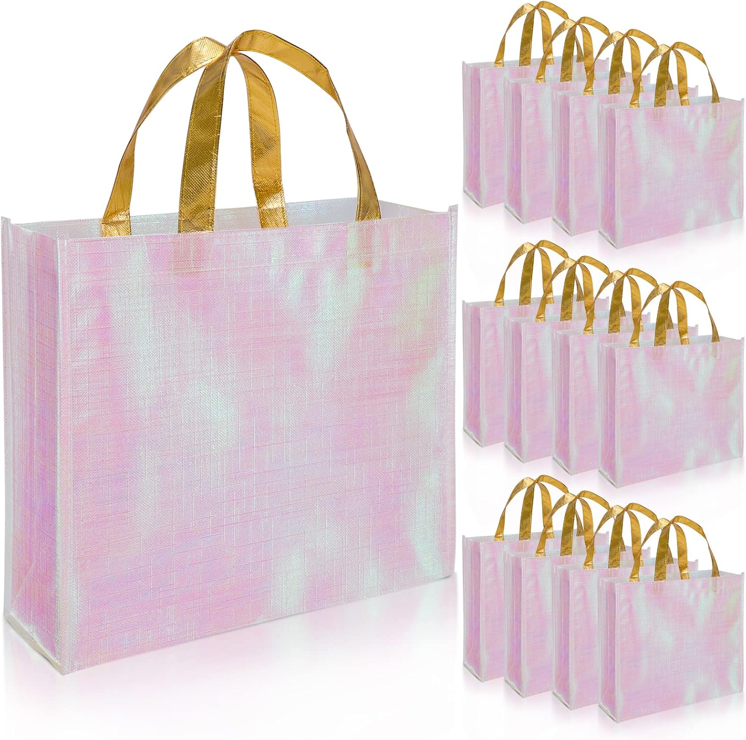 PHOGARY 12 Large Gift Bags with Handles, for Birthday Wedding Party Favor Christmas Wrap, Reusable Glossy Grocery Bags, non-woven fabric, Holo Pink
