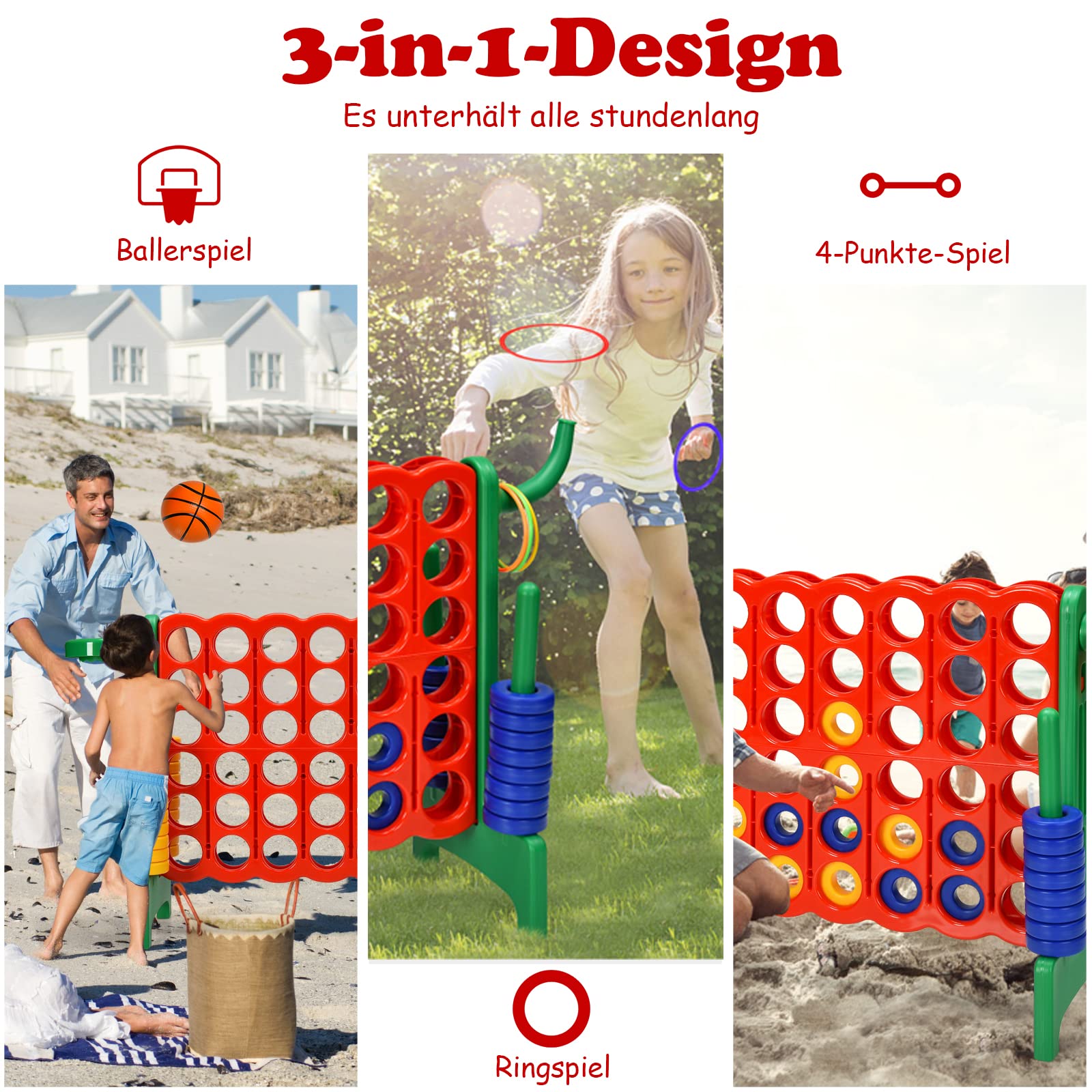 GOPLUS Enorme Juego de 4 Ganas de Estrategia con 42 Anillos, Canasta de Baloncesto, Lanzamiento y Palanca de Liberación Rápida para Niños y Adultos (Rojo + Verde)