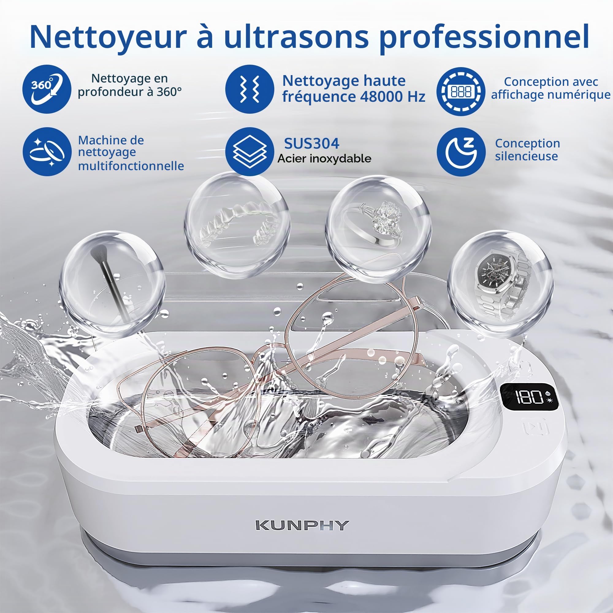 Kunphy Nettoyeur ultrasons, 48000 Hz Nettoyeur à Ultrasons 350 ML avec minuterie numérique, Ultrasonic Cleaner pour lunettes, bijoux, attelles dentaires, pièces de monnaie