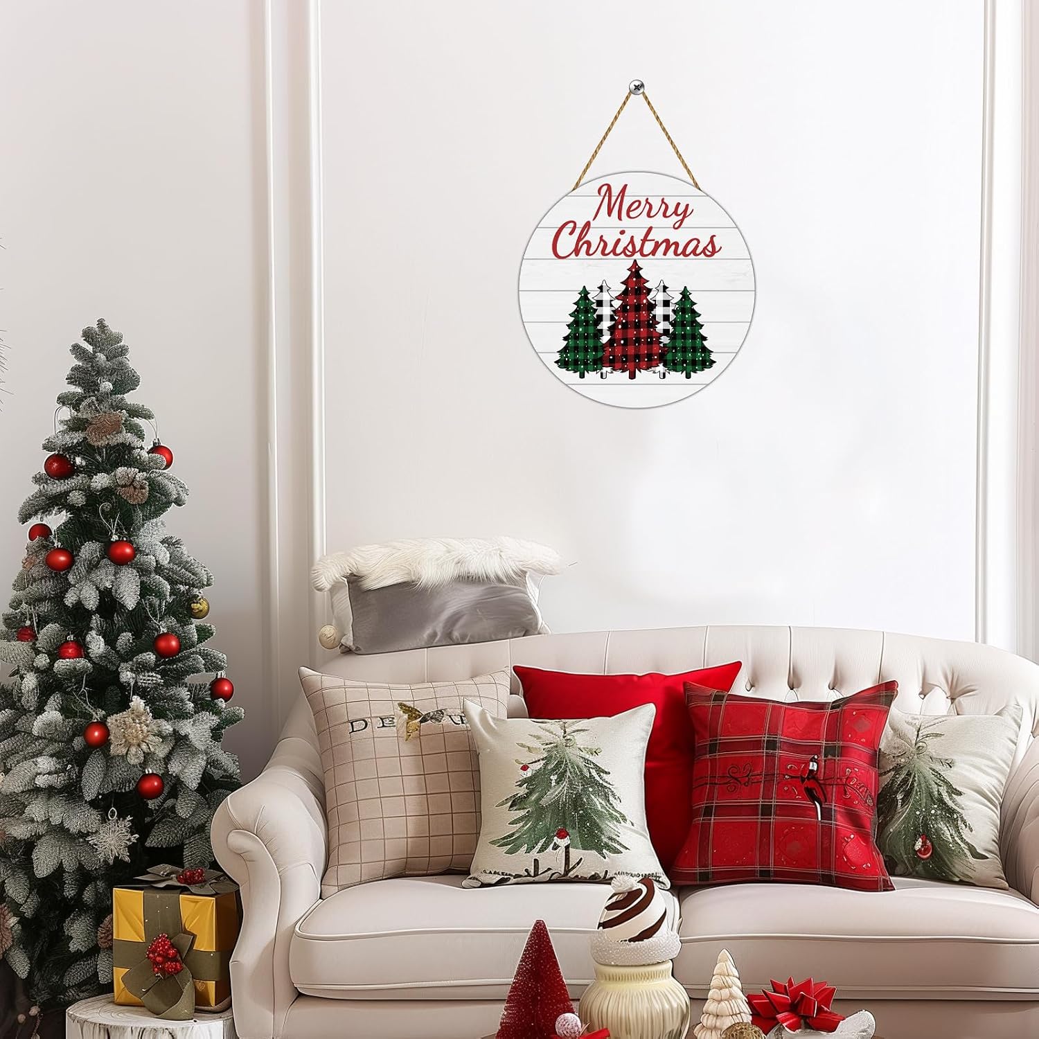 Christmas Decorations Indoor Door Decorations Wreaths for Front Door Hanger Merry Christmas Sign Wooden Buffalo Plaid Tree Wall Decor for Porch Wall Indoor Home Decor