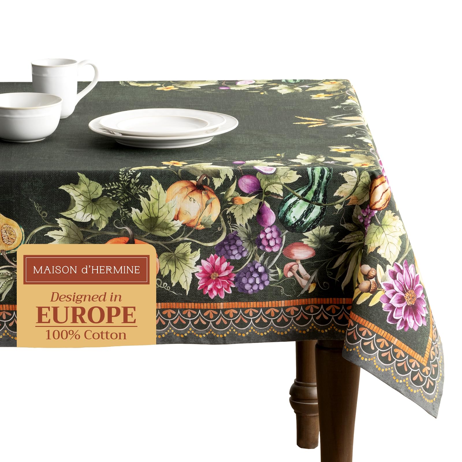 Maison D' Hermine 091 - Pumpkin Garden - Dark Green Table Cloth Rectangle Table 100% Cotton 230 Cm X 140 Cm Tablecloth Reusable Everyday Use For Christmas Decorations Dining Farmhouse Home Party Festive (Pumpkin Garden - Dark Green)
