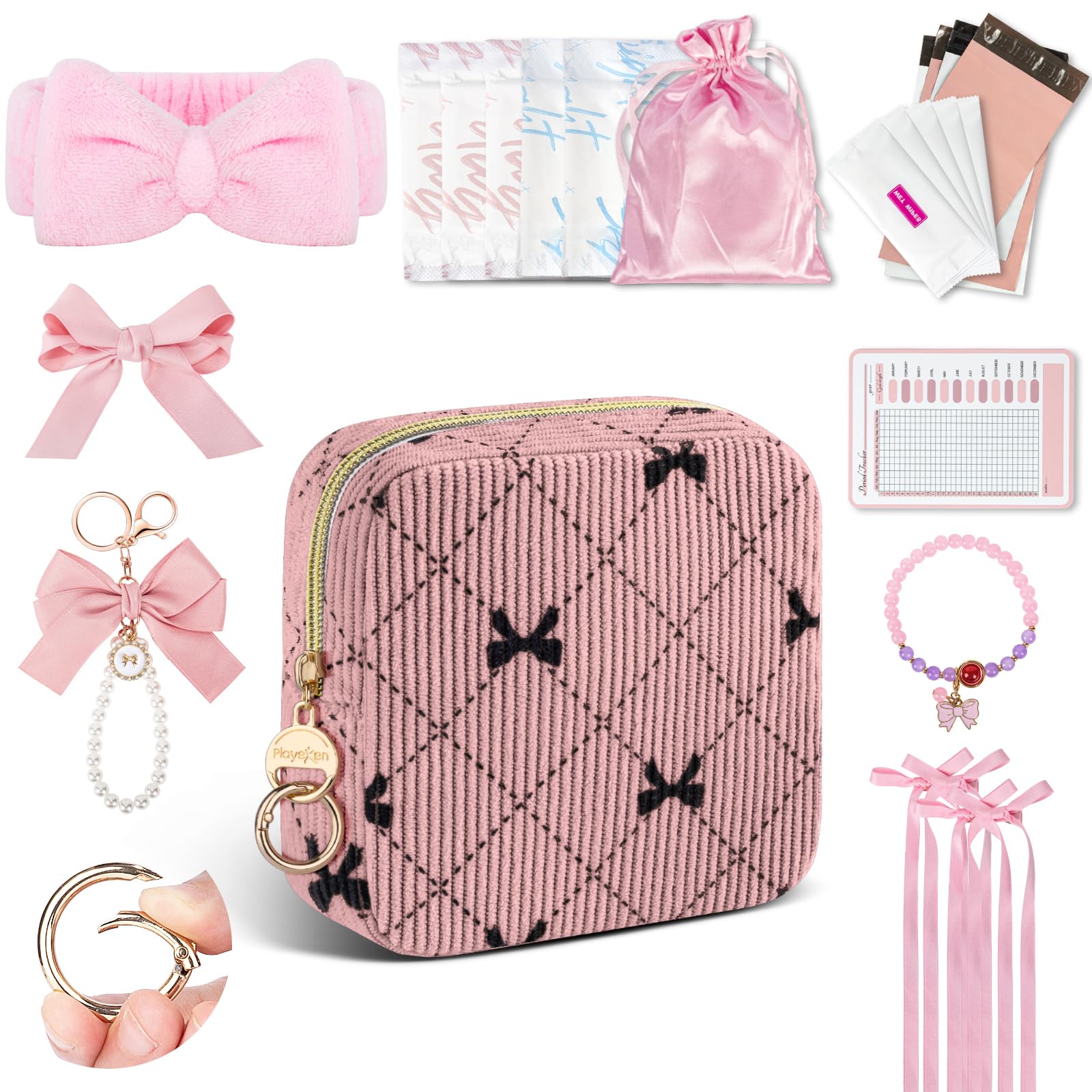 First Period Kit for Teen Girls, Bow Tie Corduroy Cute Sanitary Napkin Storage Bag, Menstrual Pad Bag Tampon Holder for Purse, First Period Gifts (Bow Tie)