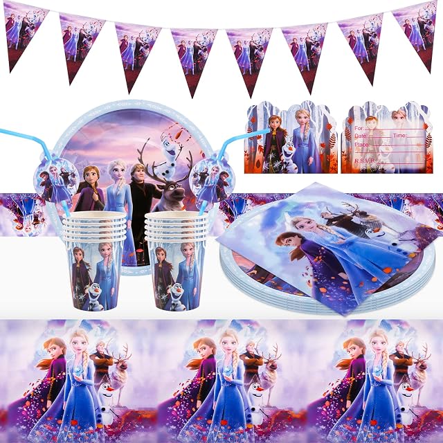 62 Pcs Party Tableware Set with Princess Party Supplies Set Girls Party Paper Plates Cups Napkins and Tablecloth Sets Kids Birthday Party Decorations for 10 Guests