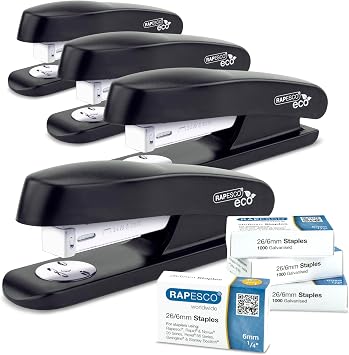 Rapesco 1756 4 ECO Half Strip Staplers and 4 Boxes of 1000 Staples, Black