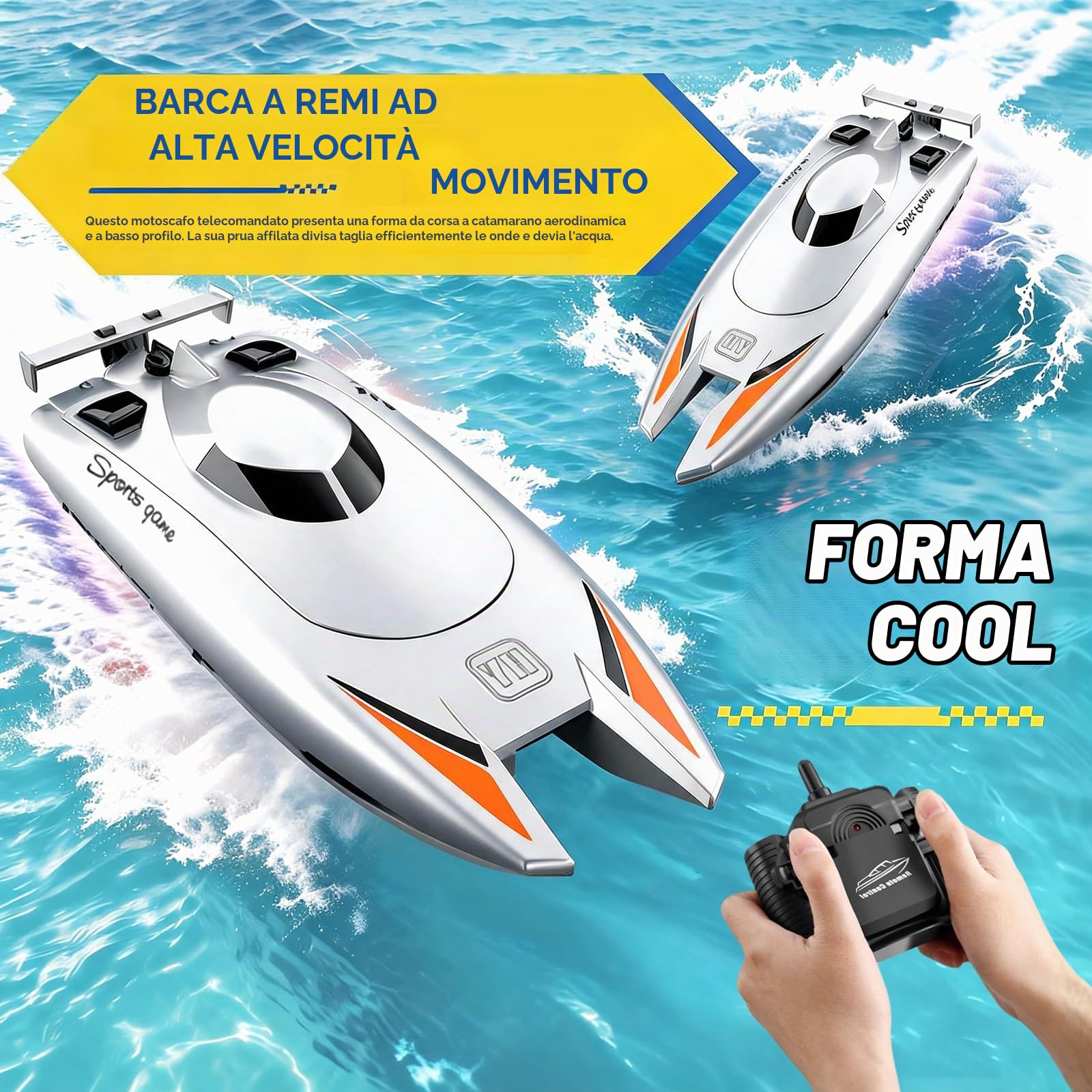Barca telecomandata per bambini e adulti, barca da corsa ad alta velocità da 15 km/h, con doppio motore, barca da corsa ad alta velocità, 25 km/h, 2 canali per piscine o laghi (argento)