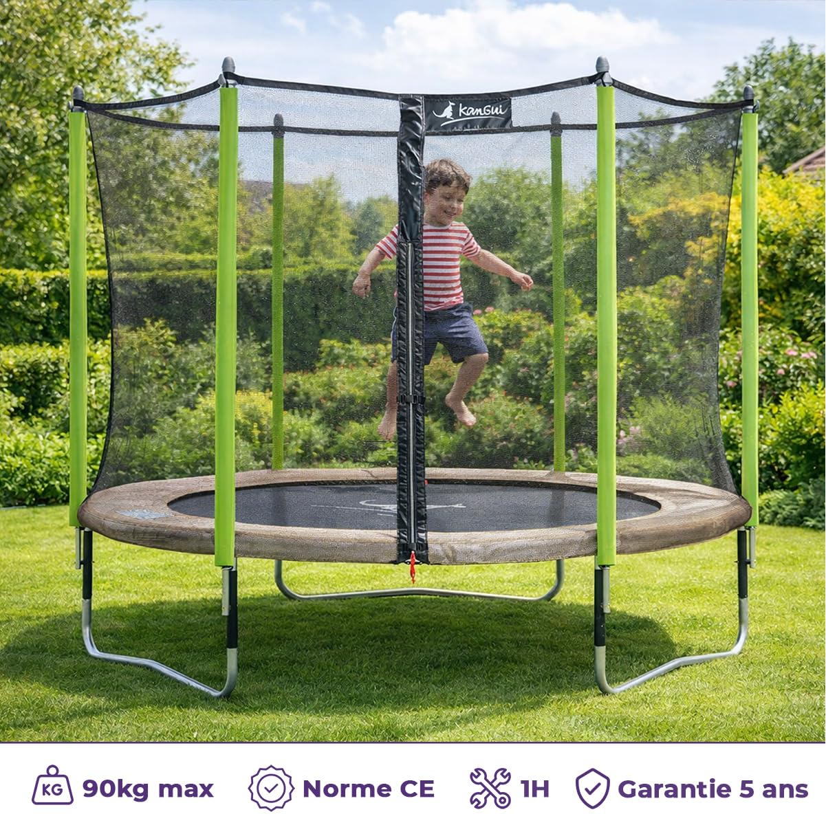 Kangui - Trampoline de Jardin JUMPI Zen – Saut Confort et Loisirs – Filet de Sécurité, Échelle & Kit d’Ancrage – Taupe et Vert – Ø 250, Ø 300, Ø 360 et Ø 430 cm