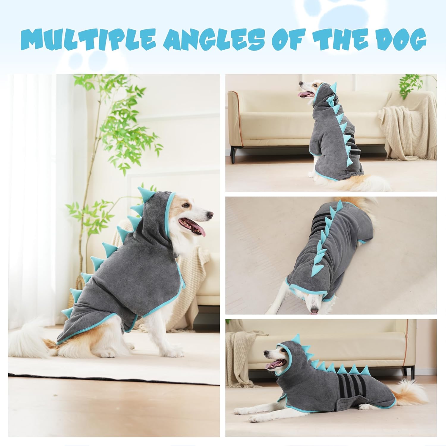 Super Absorbent Dog Bathrobe, Microfiber Bath Robe Towel for Fast Drying, Cozy Fit, Adjustable Belly Strap, Unique Dinosaur Design Dog Drying Coat for Bath, Rainy Walks & Cold Weather