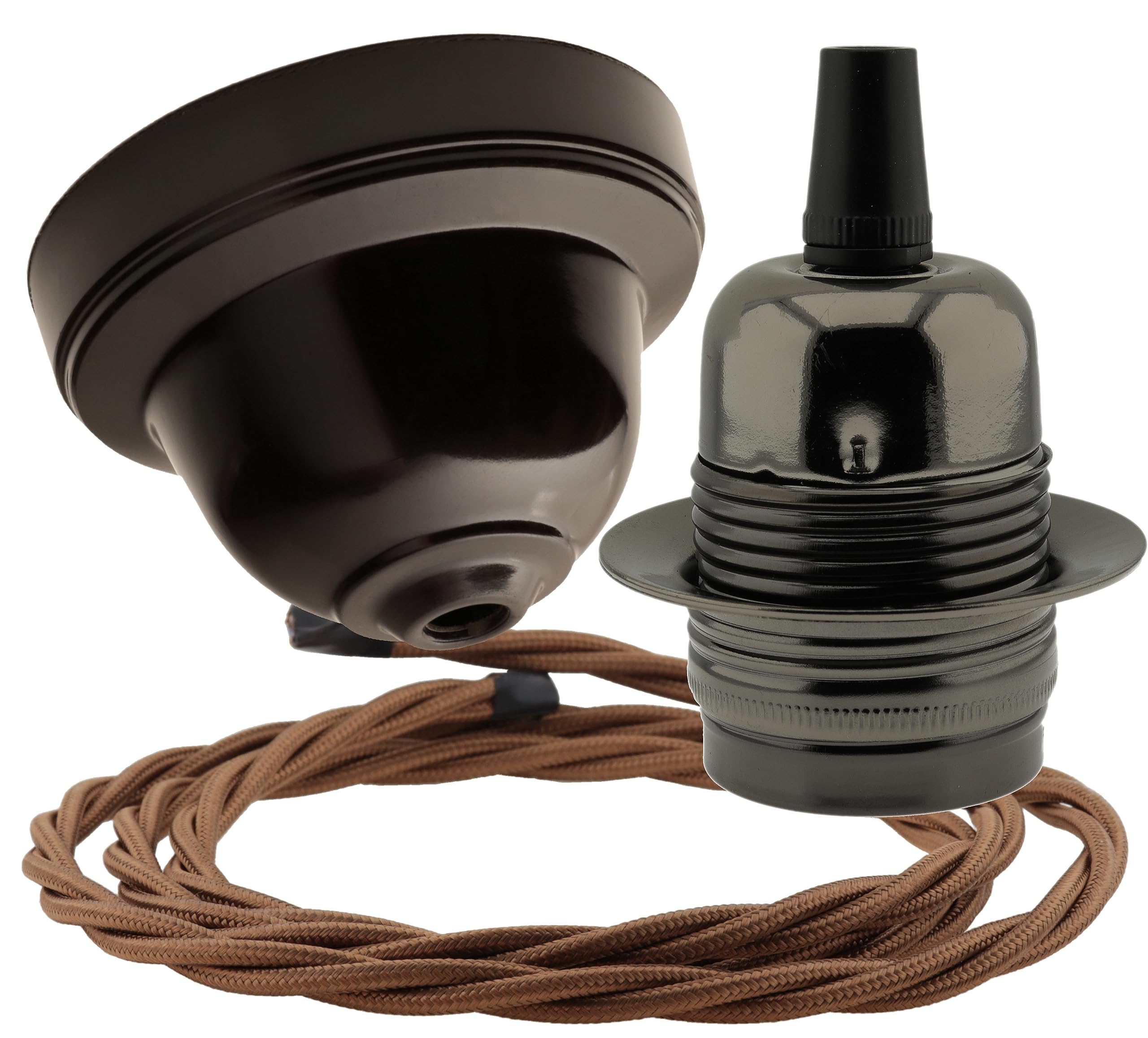 Repaireum Ltd. Vintage Styled Ceiling Pendant Kit incl. Black Bakelite Rose, Traditional E27 Lampholder in Antique Bras and 3 Core Bronze Braided Twisted Flex