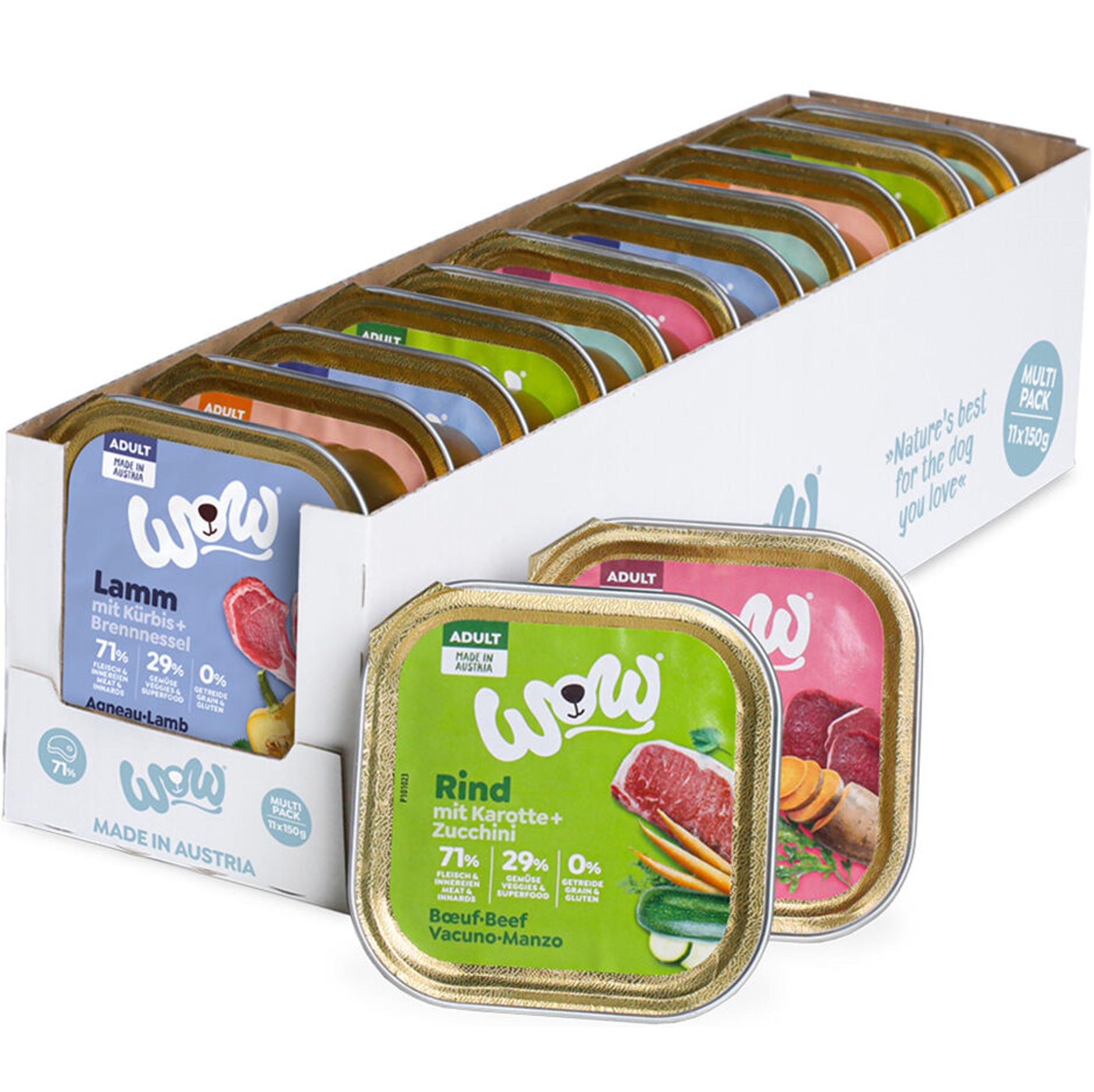 WOW! Alimento Húmedo Para Perros Adultos - Pack De 11 x 150 Gr (2 x Salmón, 2 x Cordero, 3 x Vacuno, 2 x Pavo, 2 x Venado)