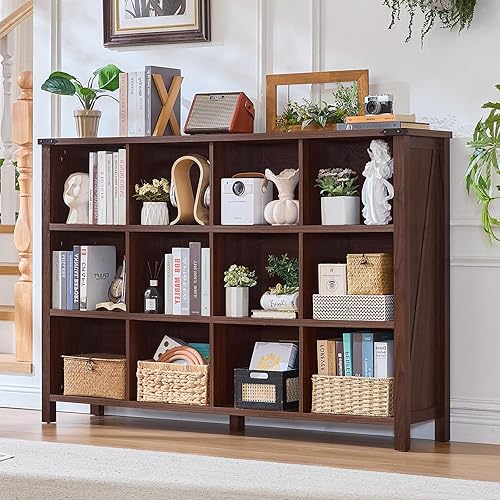 Vista 12 de Estantería de granja de 6 cubos, estante de almacenamiento organizador de madera de roble gris rústico, estantería de pasillo de 47 pulgadas