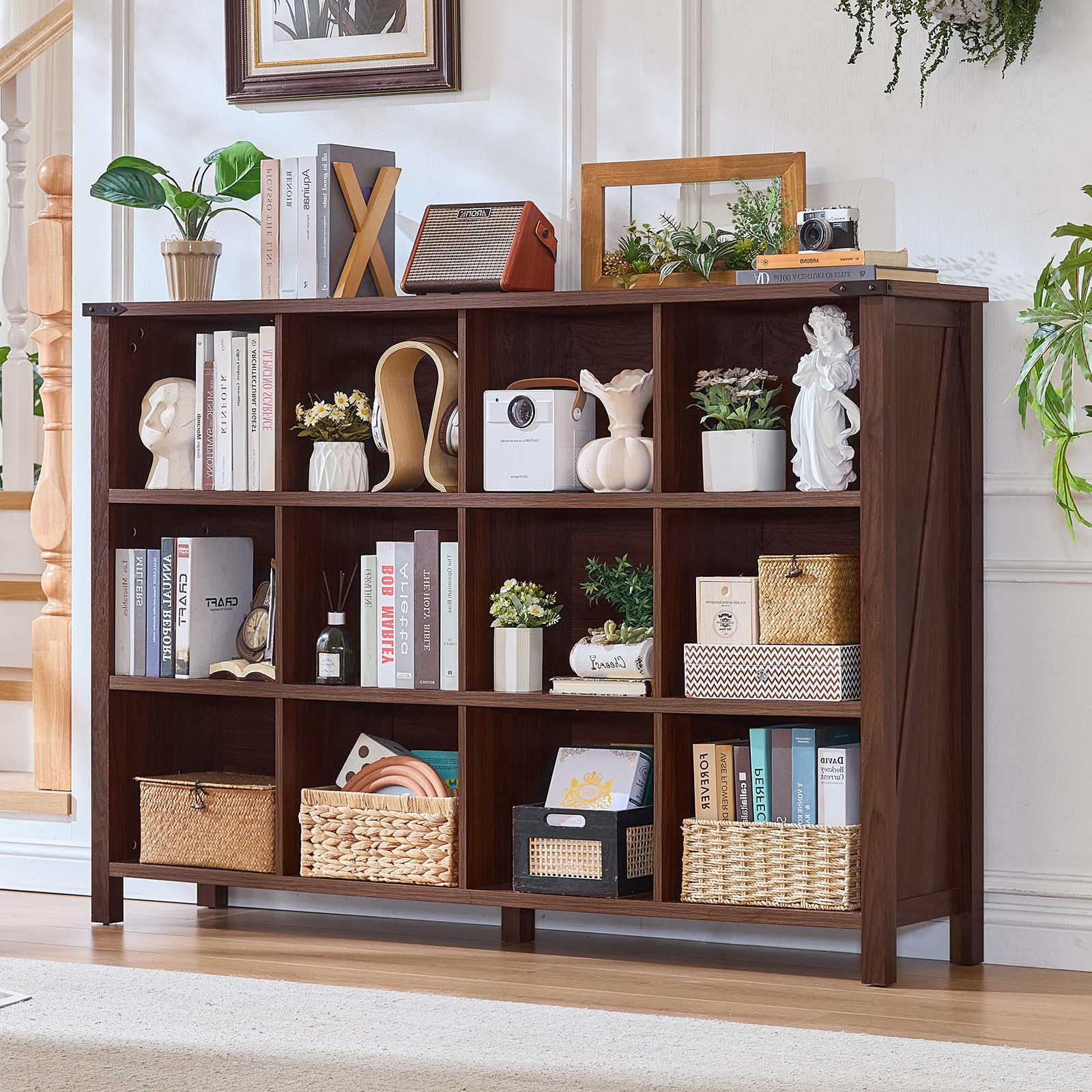 Joaxswe 12 Cube Storage Organizer, Farmhouse 62 Inch Wide Brown Walnut Display Bookshelf
