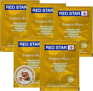 Red Star Premier Blanc Wine Yeast (5 Pack) - Great for Making Wine Cider Mead Kombucha at Home - 5 g Sachets - Saccharomyces cerevisiae - Sold by CAPYBARA Distributors Inc.
