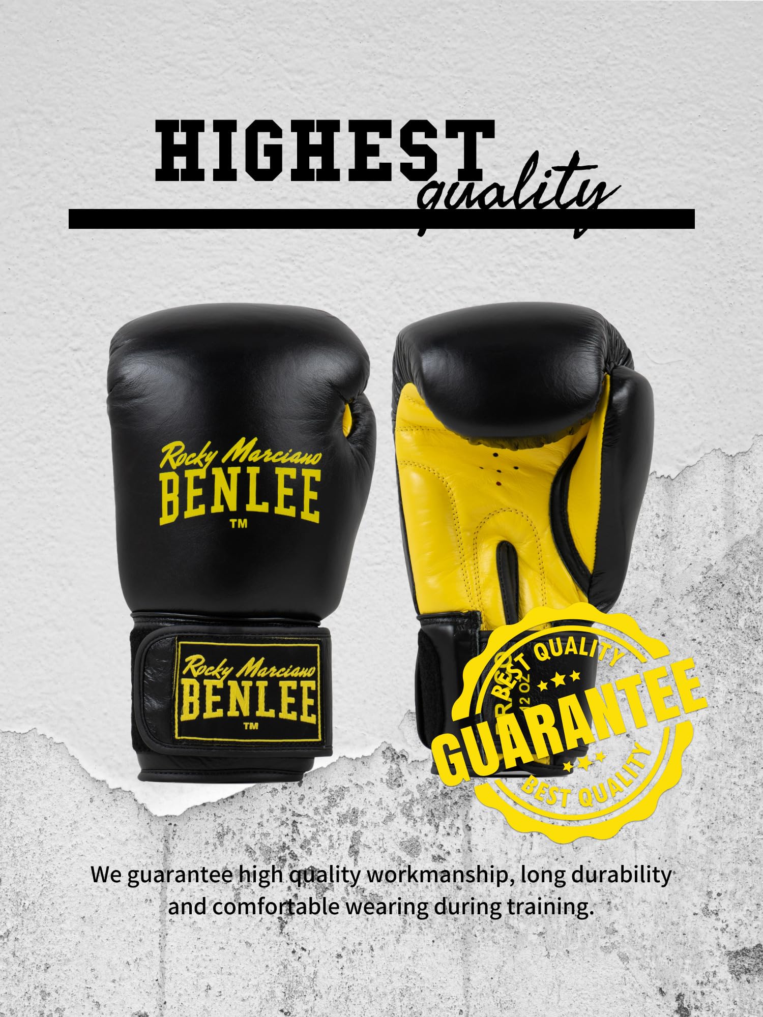 Benlee Rocky Marciano Unisex – Draco Leather Boxing Glove, Black/Yellow, 10 oz