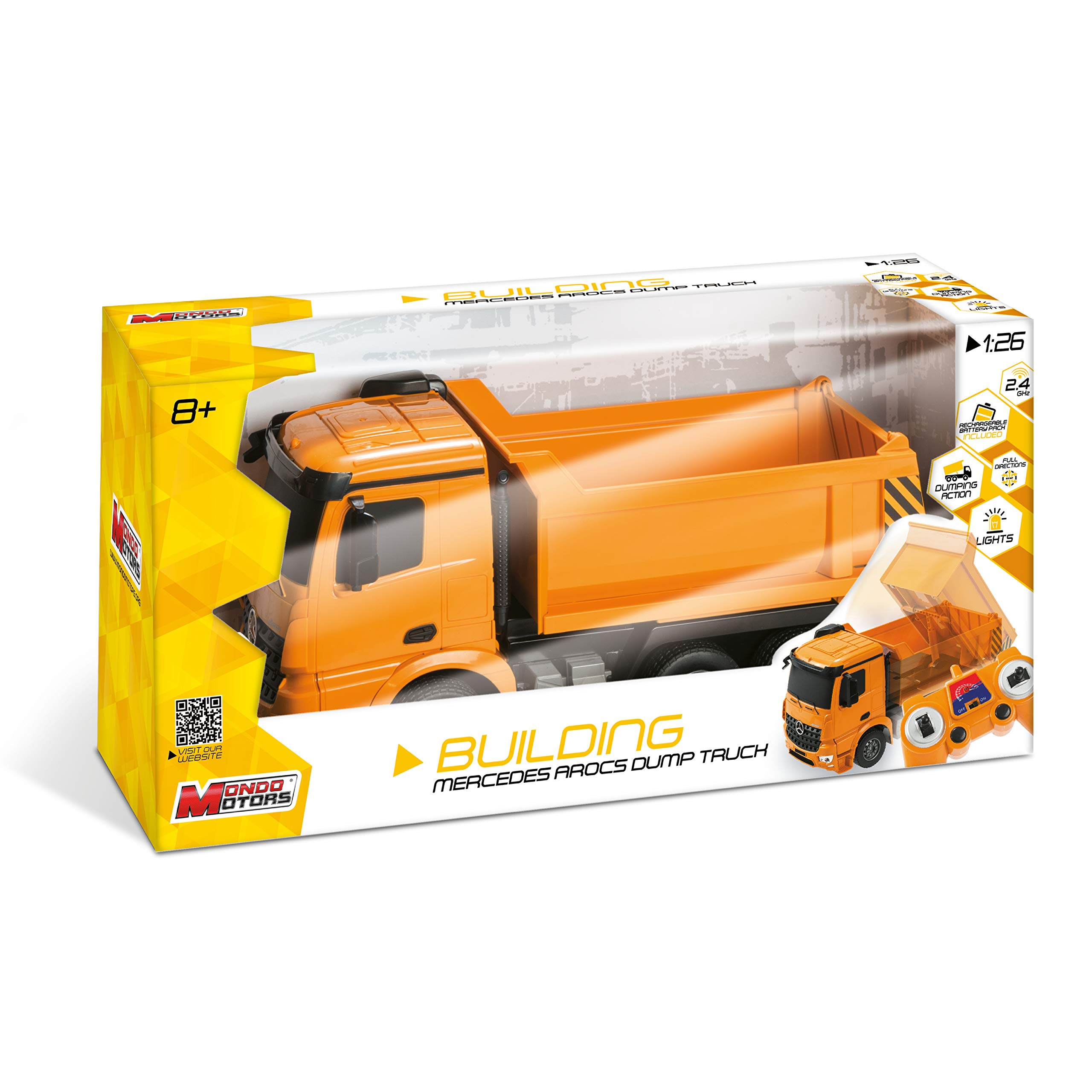 Mondo Motors Mercedes Arocs Camion Poubelle RC 1:20 – Benne Levante, Effets Sonores Et Lumineux, 4 Roues Motrices