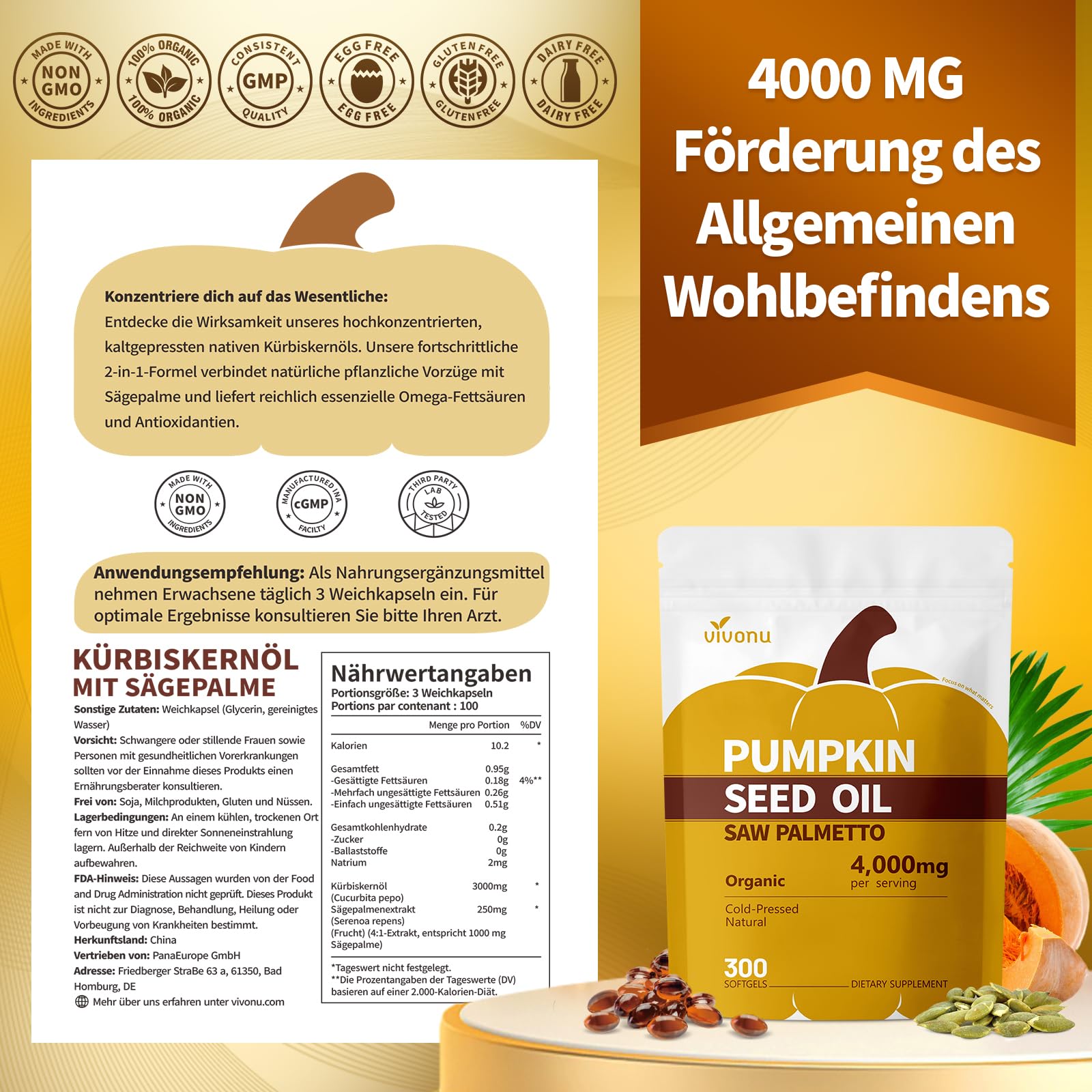 VivoNu Kürbiskernöl mit Sägepalme Kapseln, 4000 mg 300 Weichkapseln | Bio, Kaltgepresst | DHT-Blocker | Unterstützt die Gesundheit von Haar, Harnwegen, Blase und Prostata | GVO-frei