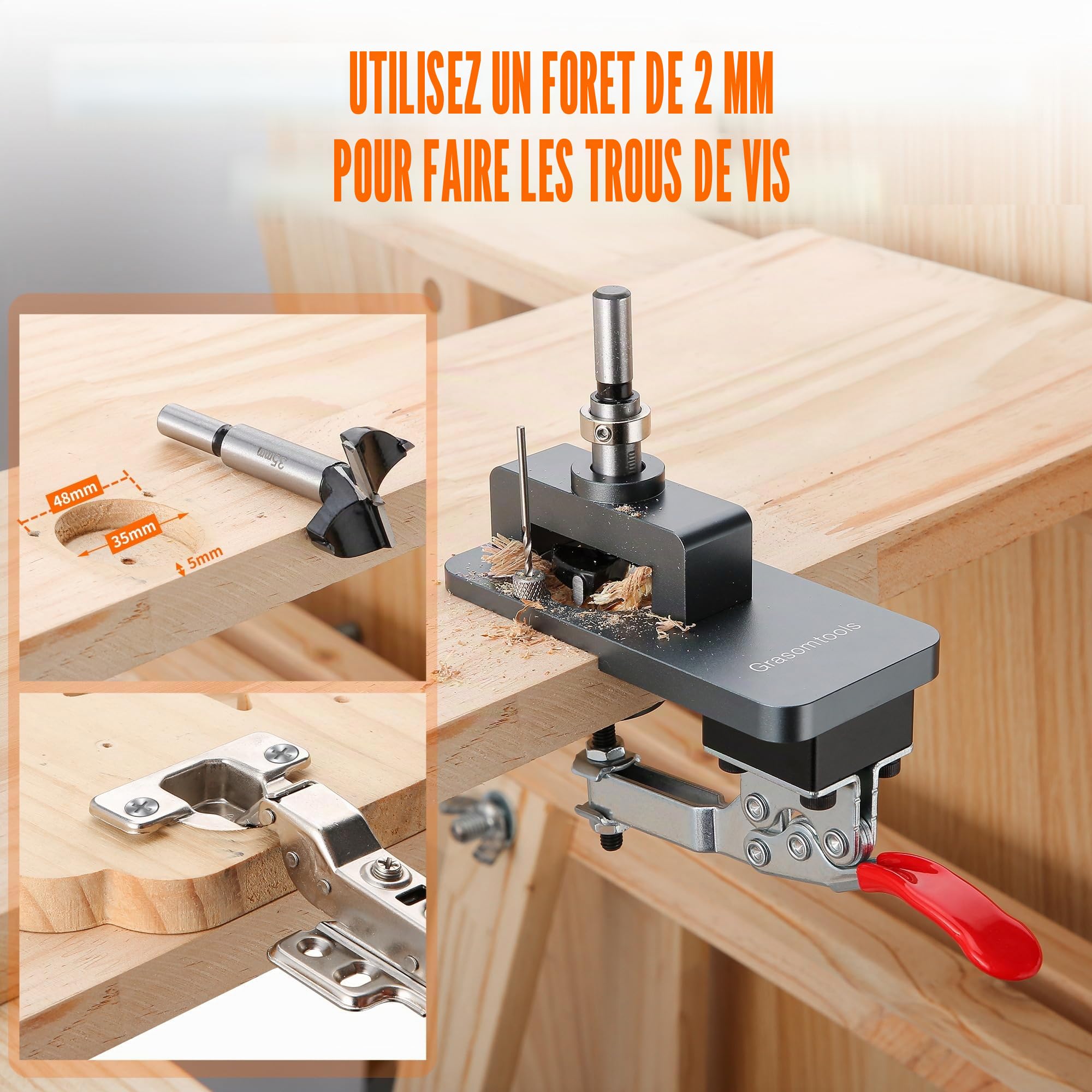 Gabarit de charnière en métal dissimulé de 35 mm avec pince rapide, perforateur de trou de perçage précis, outil professionnel de travail du bois pour montage de charnière de porte d'armoire