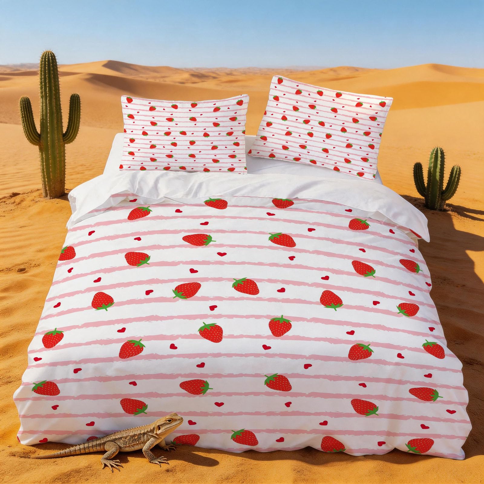 Parure de lit 240x260 adulte fraise et grand set de housse couette microfibre doux 2 personnes