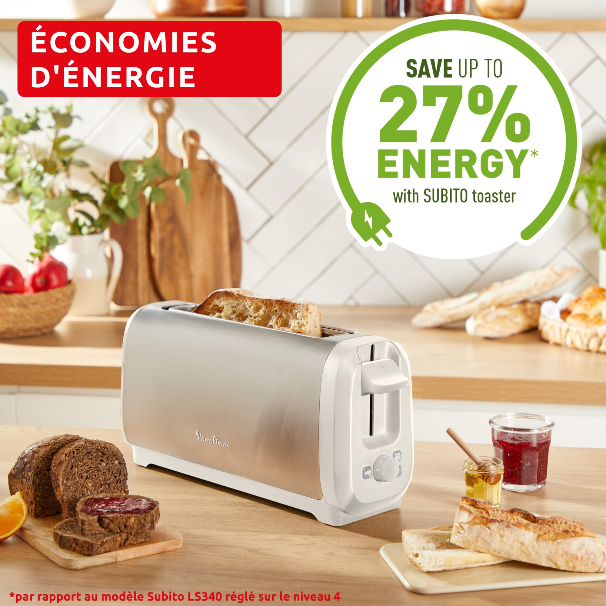 Moulinex Subito, Grille-pain longue fente avec chauffe-viennoiseries, Dorage plus rapide, Économies d'énergie, Rise et inox, LS5S1AE0