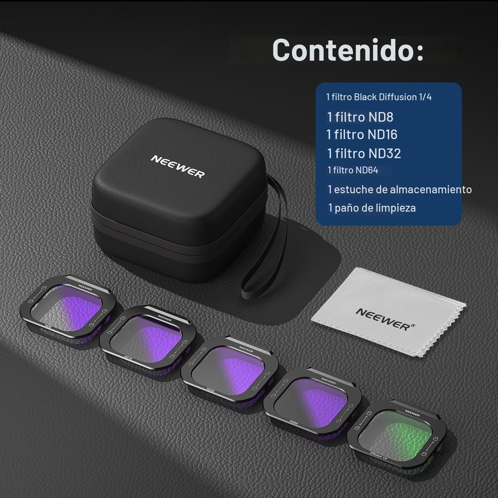 NEEWER Kit de Filtro Objetivos Teléfono (Paquete de 5), Black Diffusion 1/4/ND8/ND16/ND32/ND64 Filtros Liberación Rápida Cristal HD, Compatible Solo con iPhone 16 Pro (PA073) & 16Pro MAX (PA074) Cage