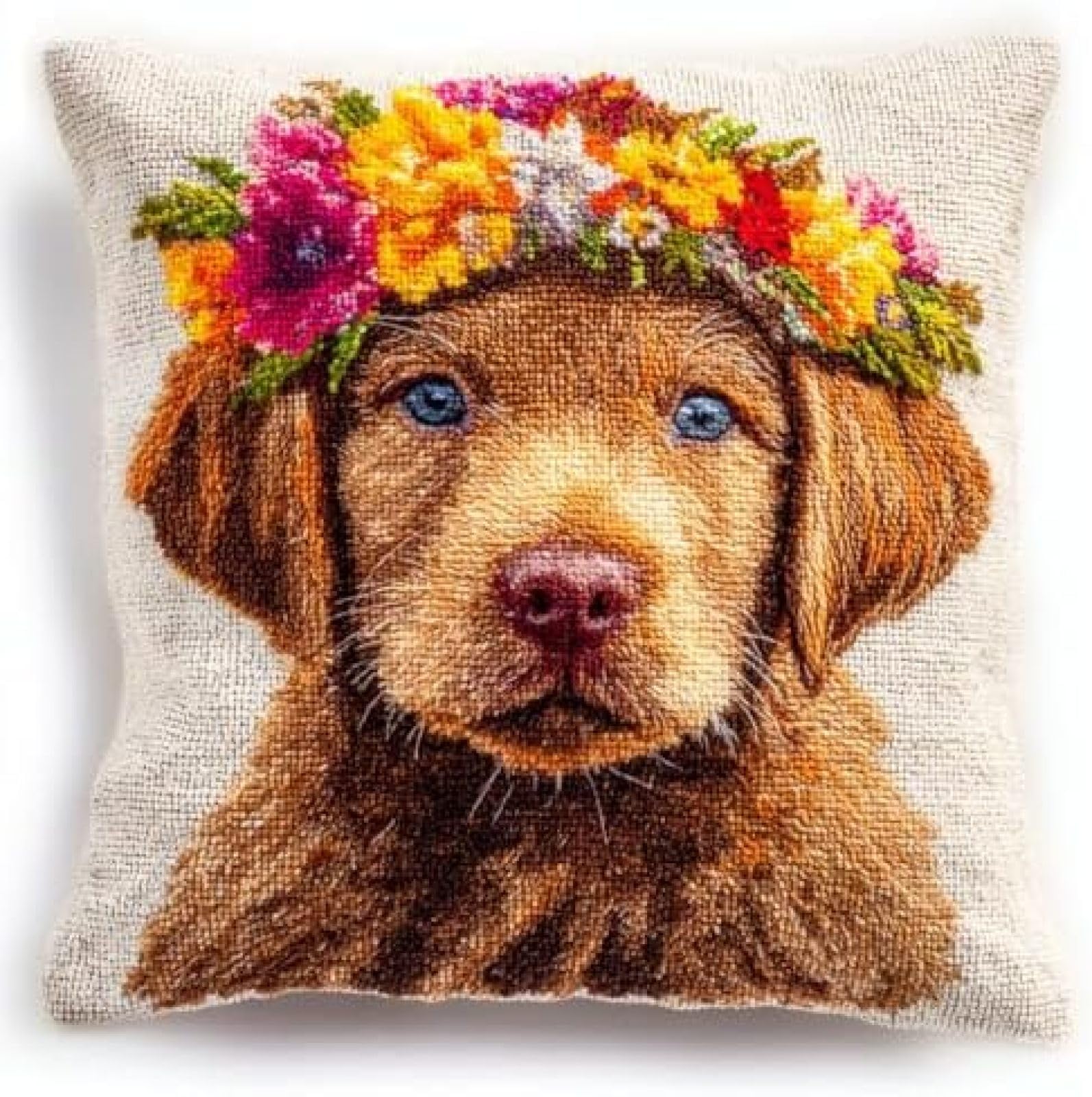 kitphoenix Latch Hook Cushion Cover Kit for Adults Beginners,Retriever Wear Flower Wreath,DIY Pillow Cover Making Kit with Pre-Cut Yarn,Pre-Printed Canvas and Hook,43x43 cm Craft Hobby Gift