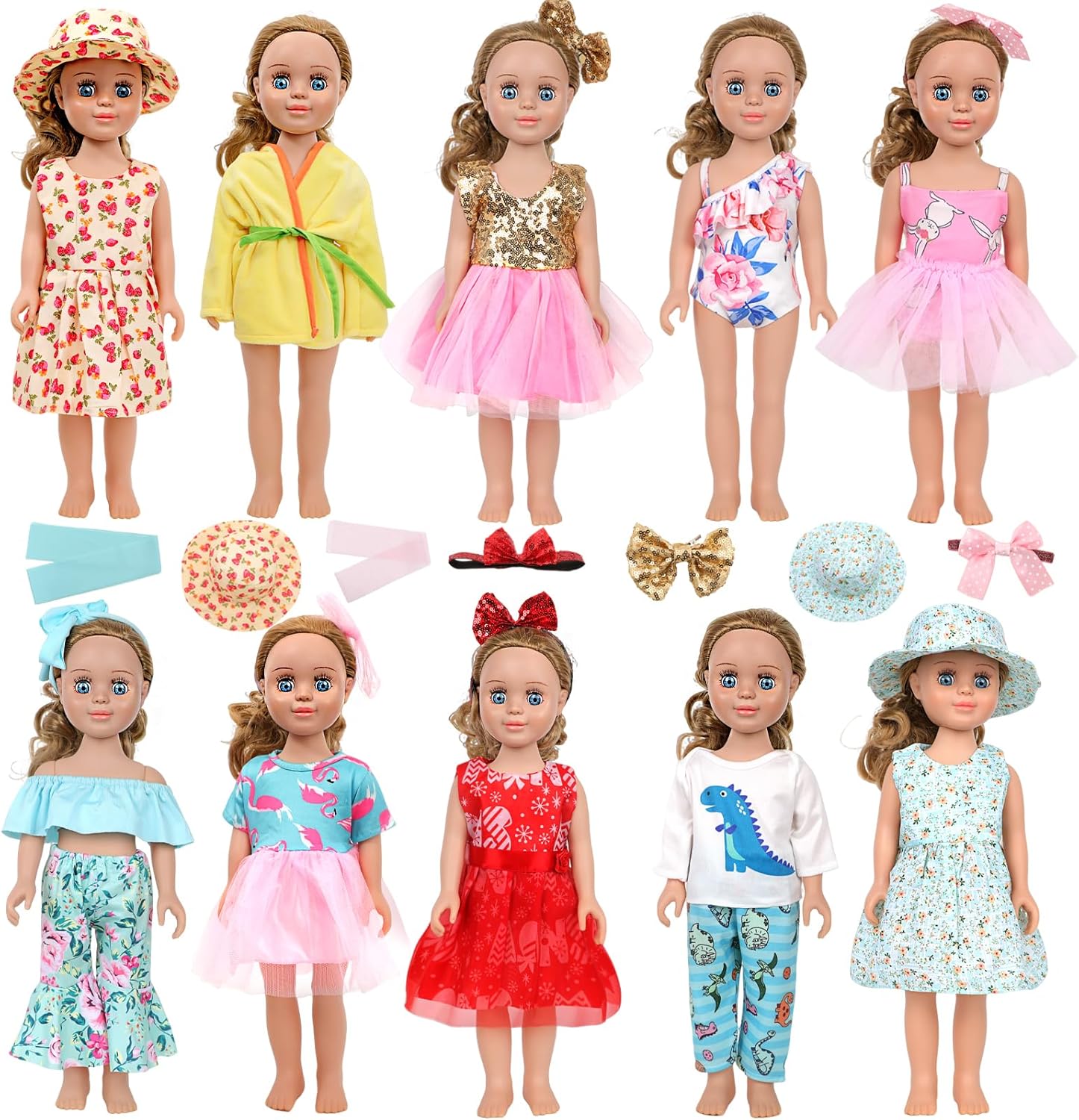 MSYO 10 Sets Doll Clothes Set for 17 - 18 Inch Dolls, 20 Pcs Fashion Outfits with Dresses & Accessories, Cute Doll Costumes for Girl Dolls