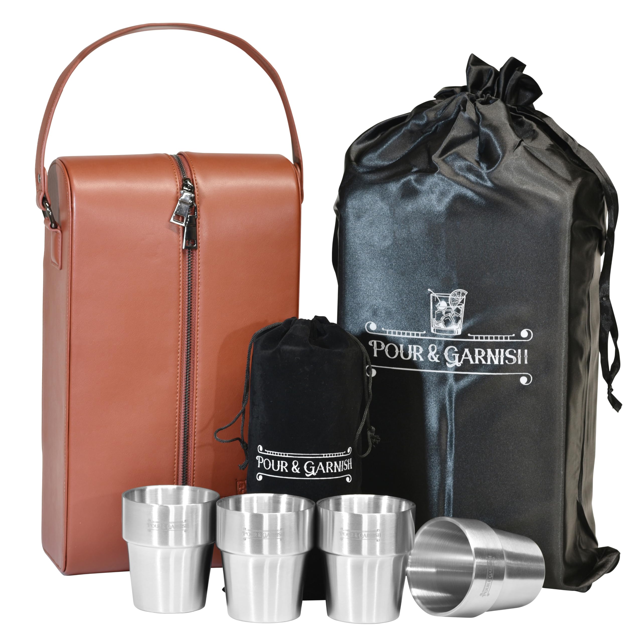 POUR & GARNISH Bourbon Whiskey & Wine Double Bottle Travel Bag with 4 Stainless Steel Double-Walled Vacuum Insulated Glasses - Makes a Great Gift!