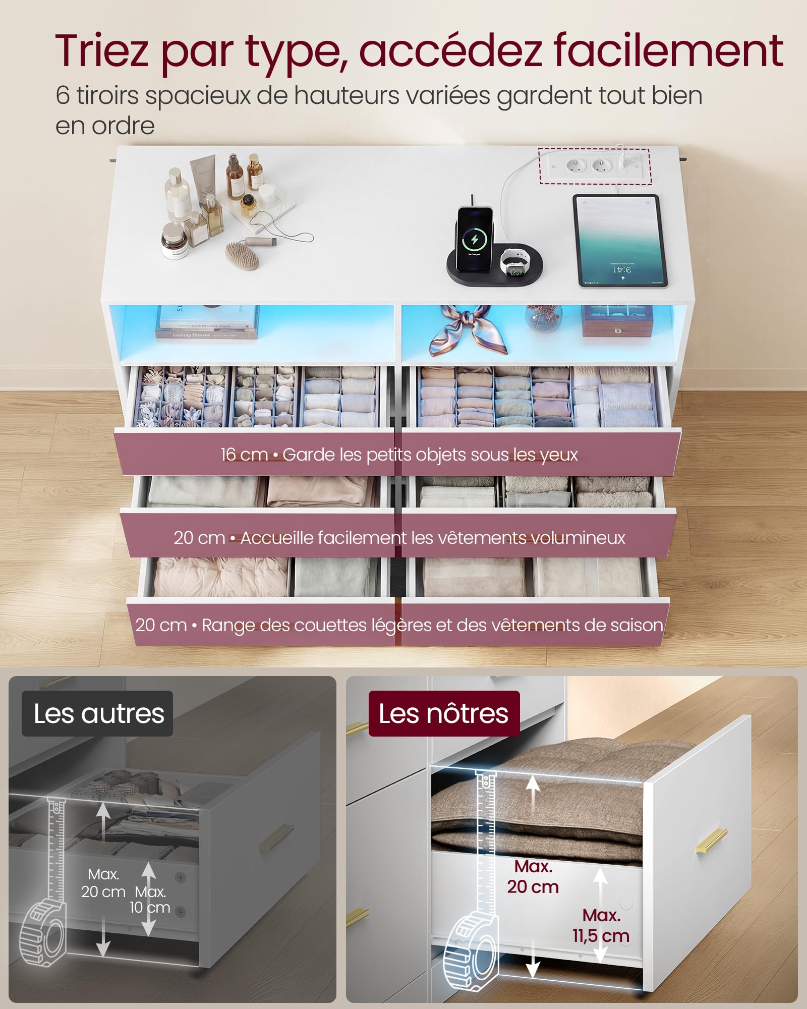 VASAGLE Custos Collection - Commode avec Éclairage LED et Multiprise Intégrée, Armoire de Rangement Moderne, pour Salon, Chambre, 6 Tiroirs, 40 x 119 x 81,2 cm, Blanc Nuage LTS316WB01