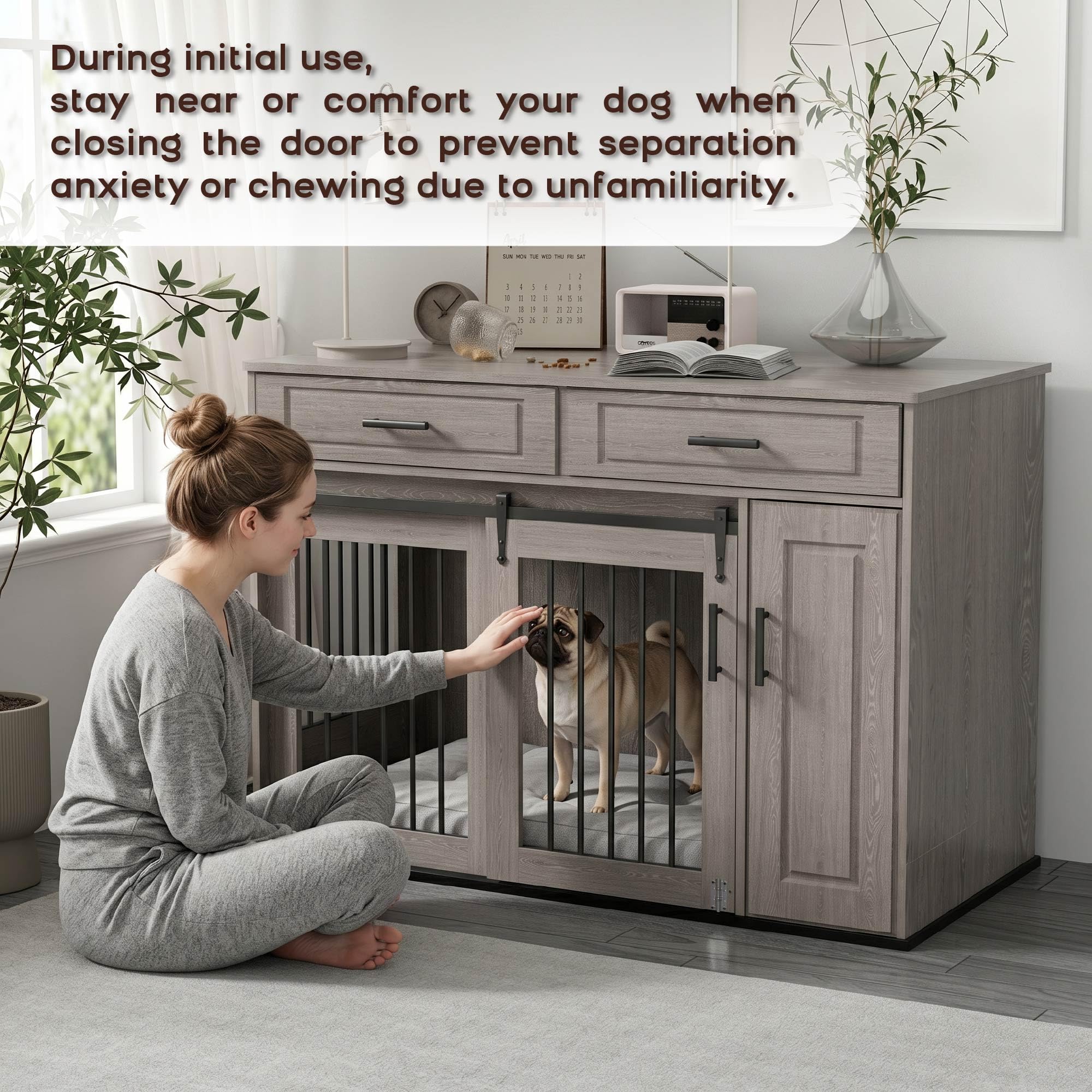 Mueble Estilo Perrera, Perrera Grande de Madera para Perros con Puertas Corredizas, Cajones y Armario, Casa para Perros con Cerradura, Interior, Mesa, Gris