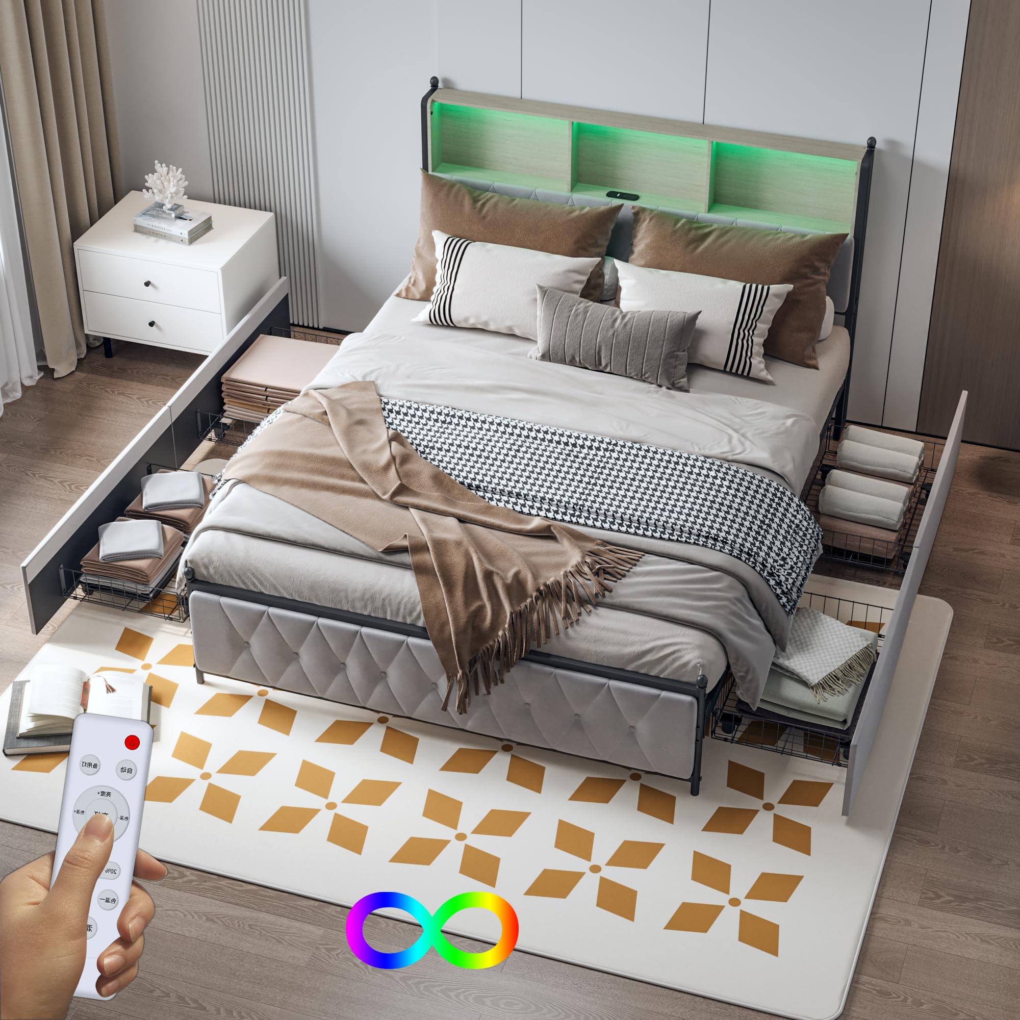 Łóżko tapicerowane 180 x 200 cm, podwójne łóżko z 4 szufladami do przechowywania, zagłówek LED z funkcją ładowania USB, oparcie z miejscem do przechowywania i stelażem, bez materaca, beżowe