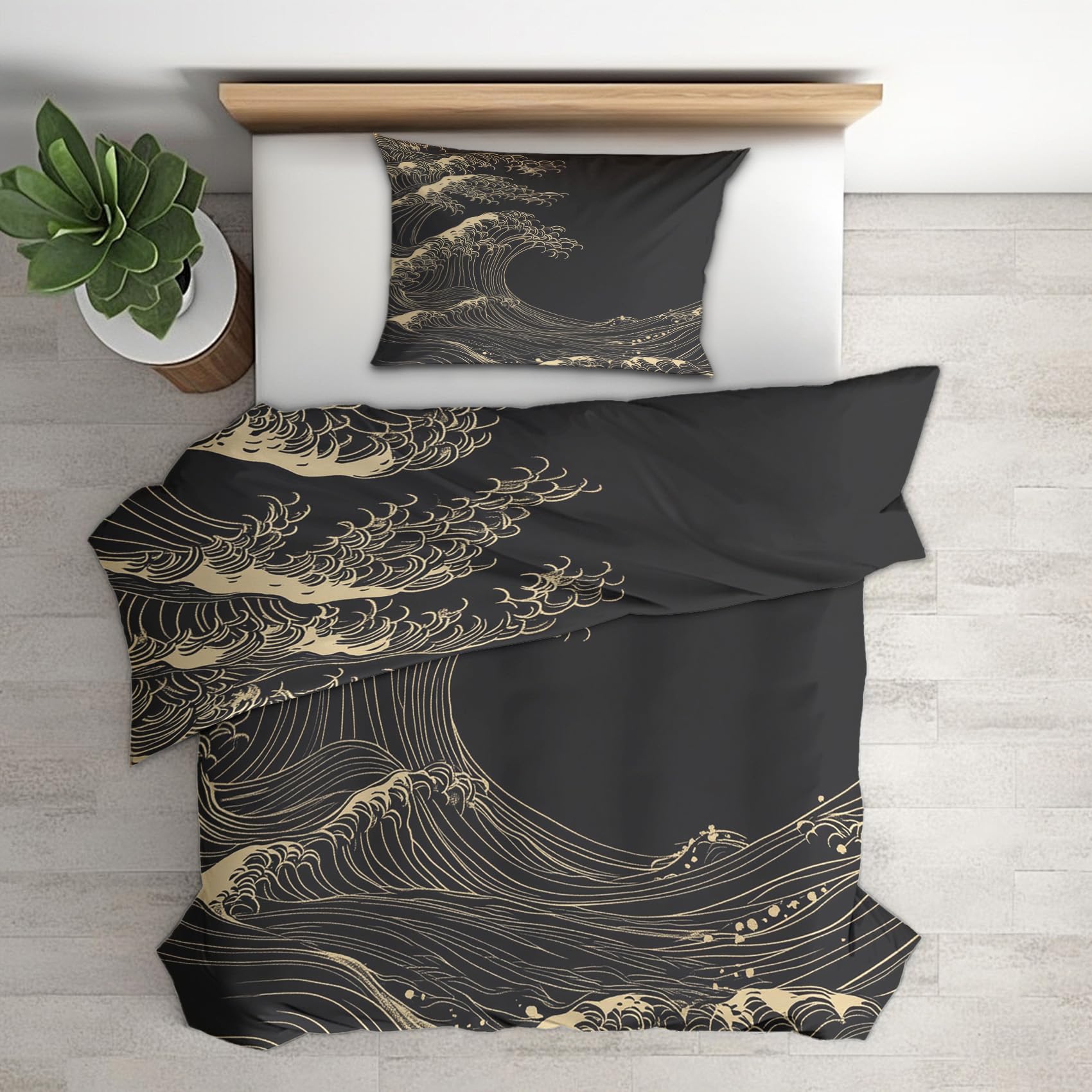 Japanese Wave Double Duvet Cover - Kanagawa Giant Waves Bedding & Bedroom Decor, Super Soft Microfiber Quilt Cover and 2 Pillowcases, with Zip, Reversible Design