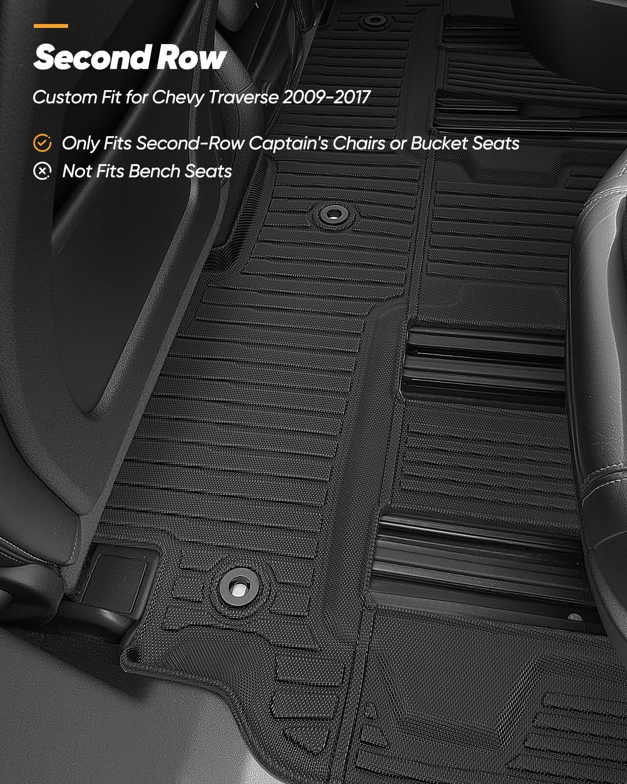 All Weather Floor Mats Cargo Liner Custom Fit for Chevy Traverse 2009-2017 Only Fits Captains Chairs Front 2nd — view 6