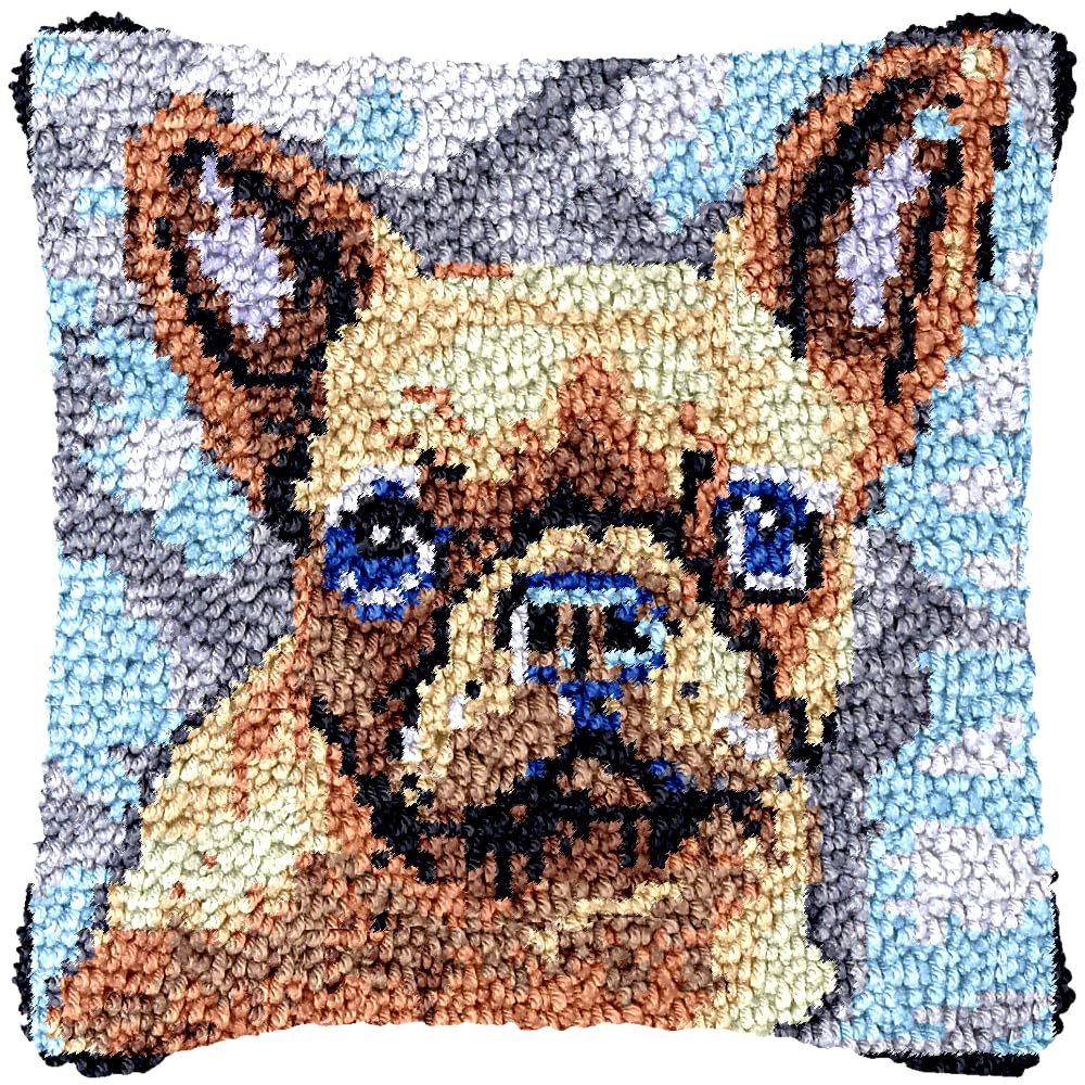 Brown French Bulldog Latch Hook Pillow Kits Printed Embroidery Pillowcase DIY Crochet Yarn Hook and Latch Craft Rug Cushion for Home Christmas Decor and Gift 43x43cm