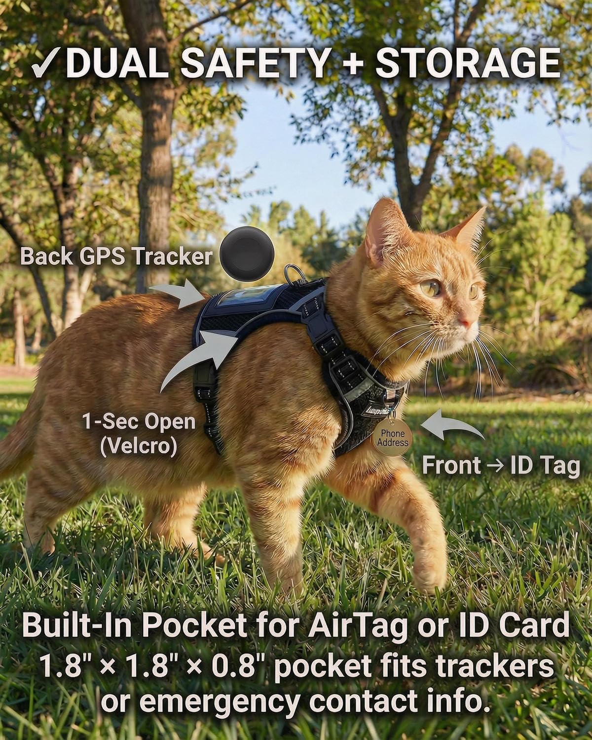 Luxelle Set di pettorina e guinzaglio per gatti a prova di fuga, regolabile, morbido, con cinghie riflettenti a 360°, tasca integrata e cinturino da polso, imbracatura in rete traspirante per gatti e