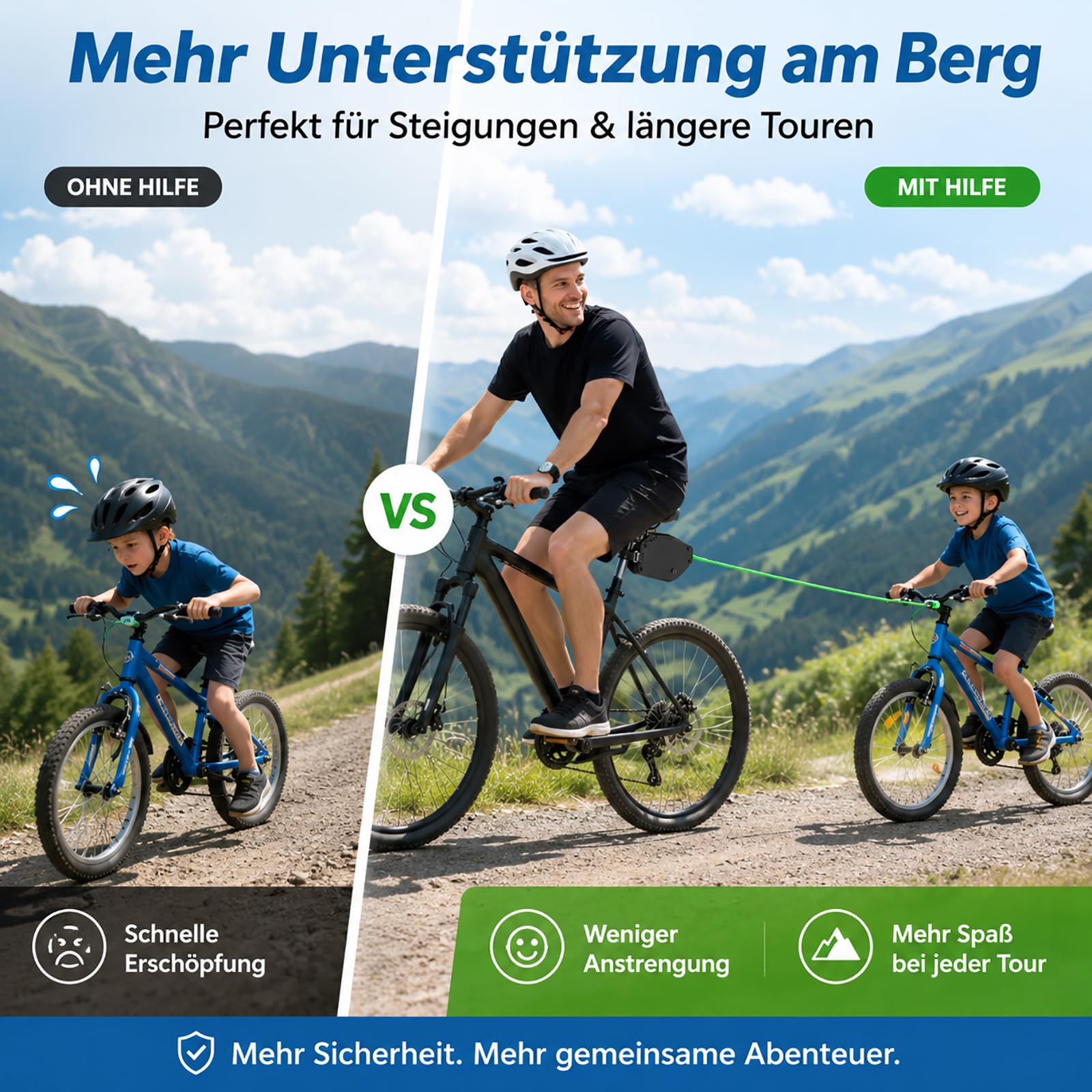 Abschleppseil Fahrrad Kinder, 2,5 m Einziehbares Fahrrad Zugseil bis 225 kg/500 lbs, Fahrradseil zum Abschleppen für Kinderfahrrad, MTB, E-Bike, Familienradtouren