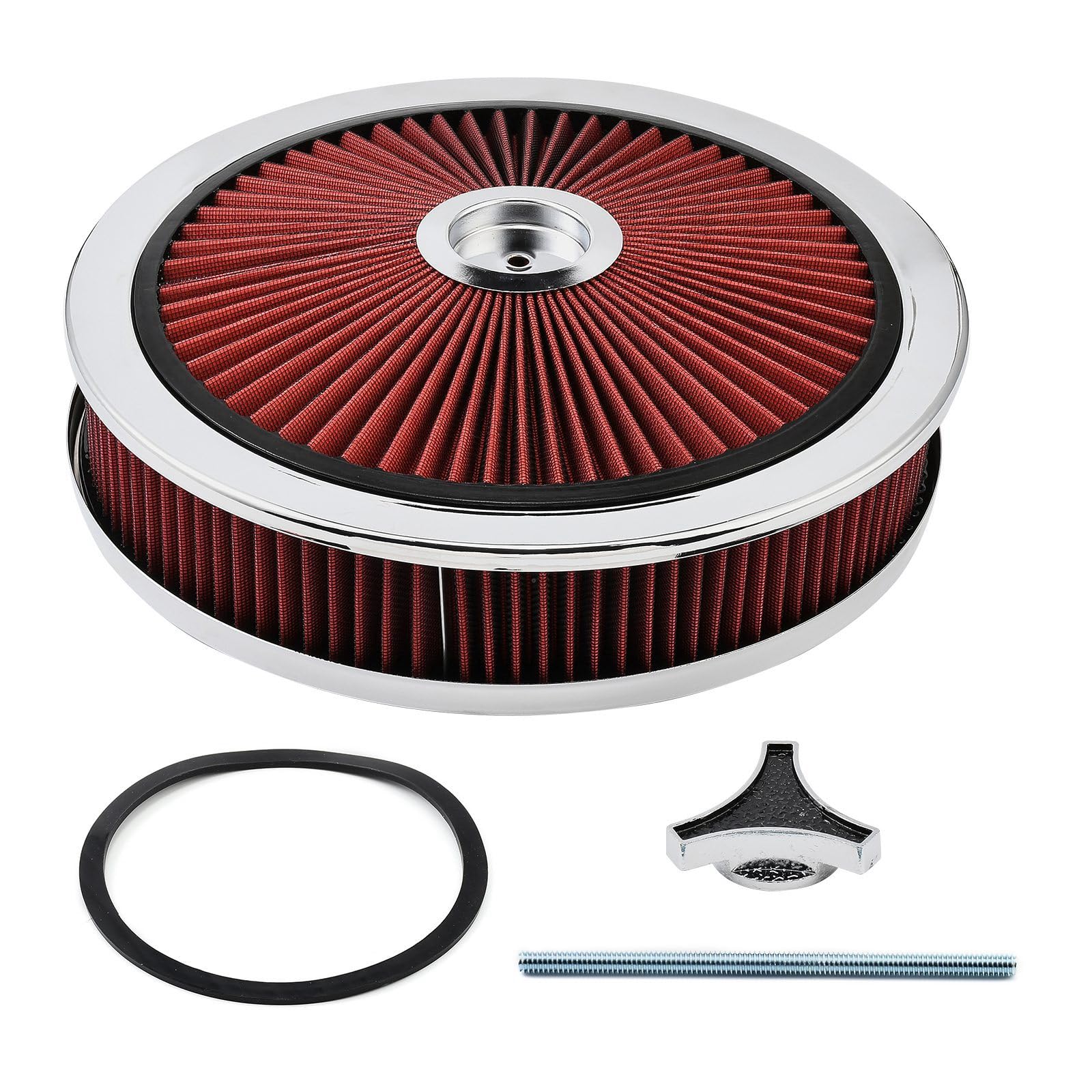 XhuangTech Filtro de admisión de aire redondo de 14 x 3 pulgadas, kit de montaje de filtro de aire de aluminio de alto flujo, rendimiento reutilizable, filtro lavable para motor de automóvil con tapa