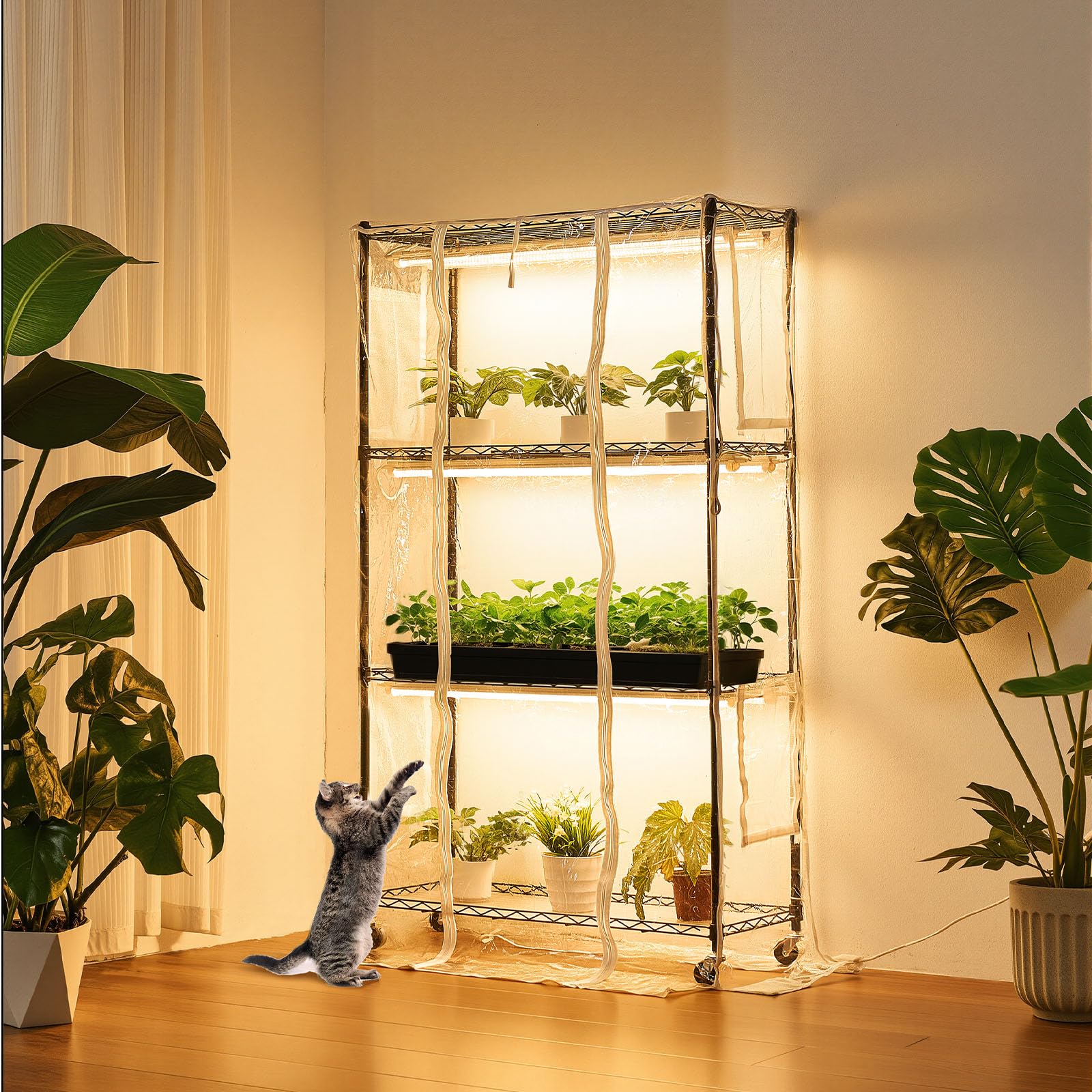 VEVOR Pflanzenregal mit Wachstumslicht, 4-stufiger Pflanzenständer mit transparenter Abdeckung, Timer & Hygrometer, 180W Vollspektrum-Lichter, Blumenregal für Zimmerpflanzen 90x35x150 cm
