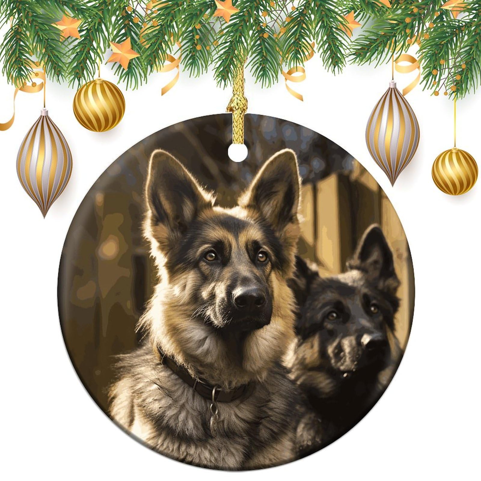 Christmas Ornaments Round Christmas Tree Ceramic Hanging German Shepherd Ceramic Ornaments Xmas Tree Ceramic Ornament for Halloween Holiday Christmas Tree